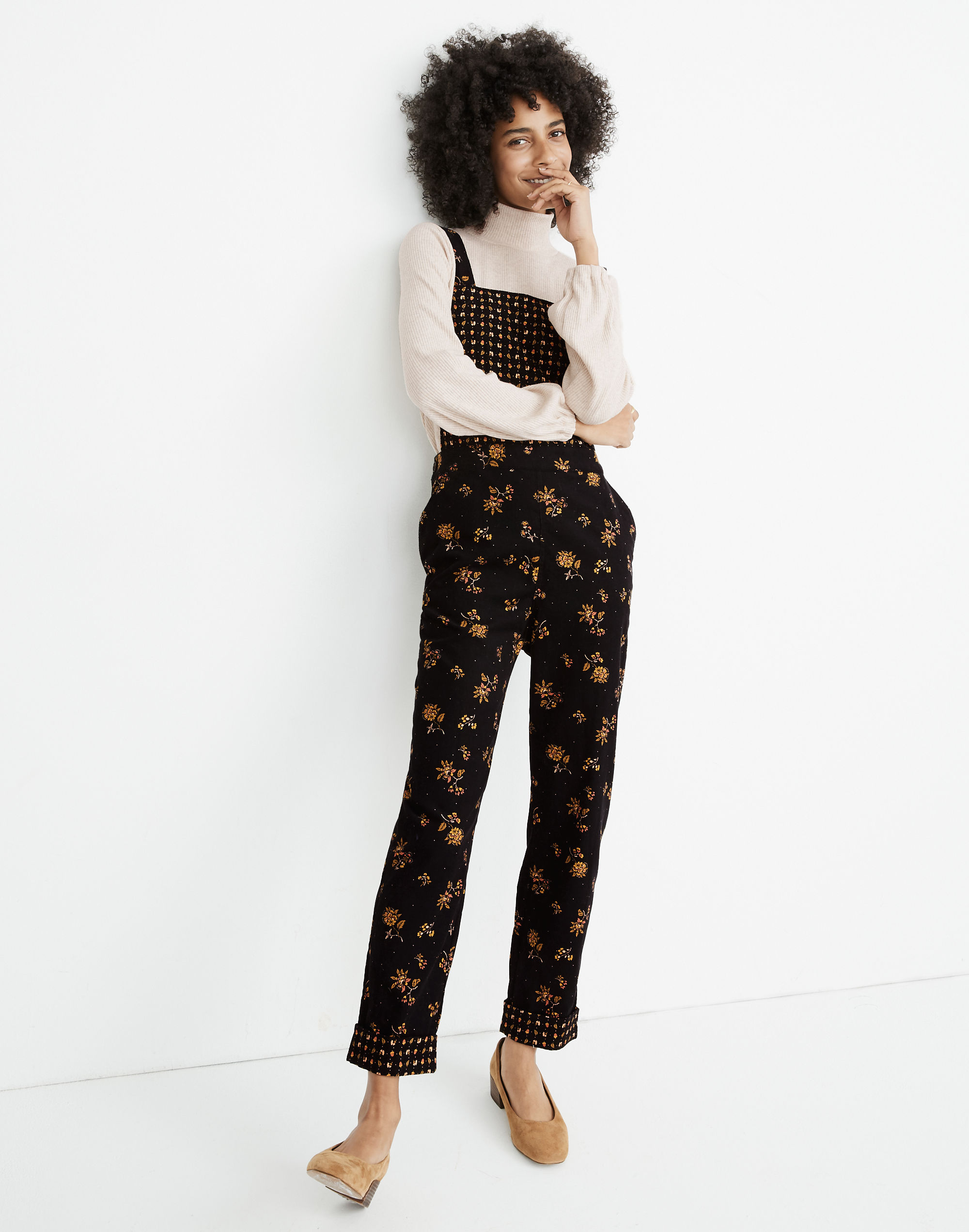 Corduroy Cross-Back Overalls in Forest Floral Mix