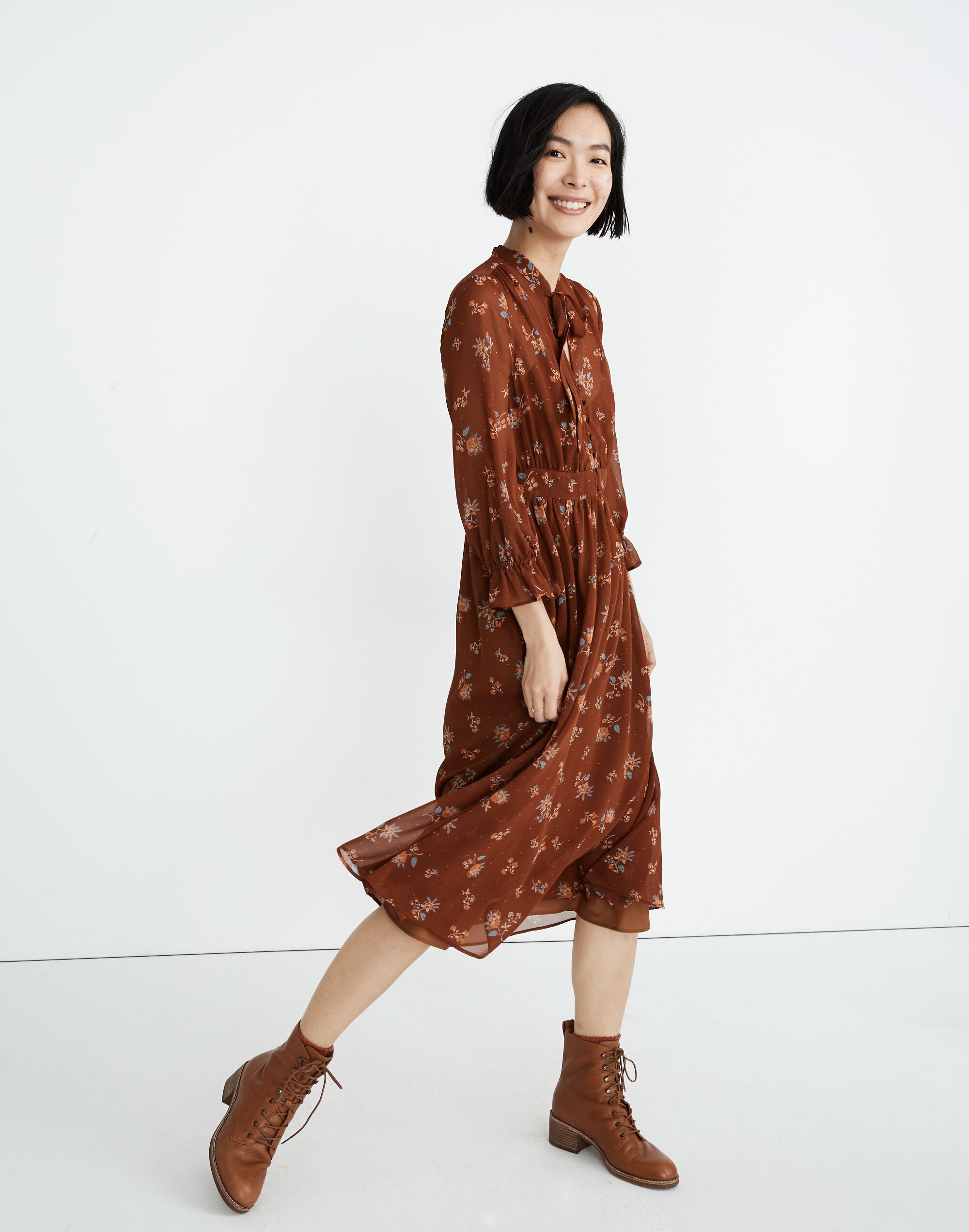 Georgette Tie-Neck Midi Dress in Forest Floral