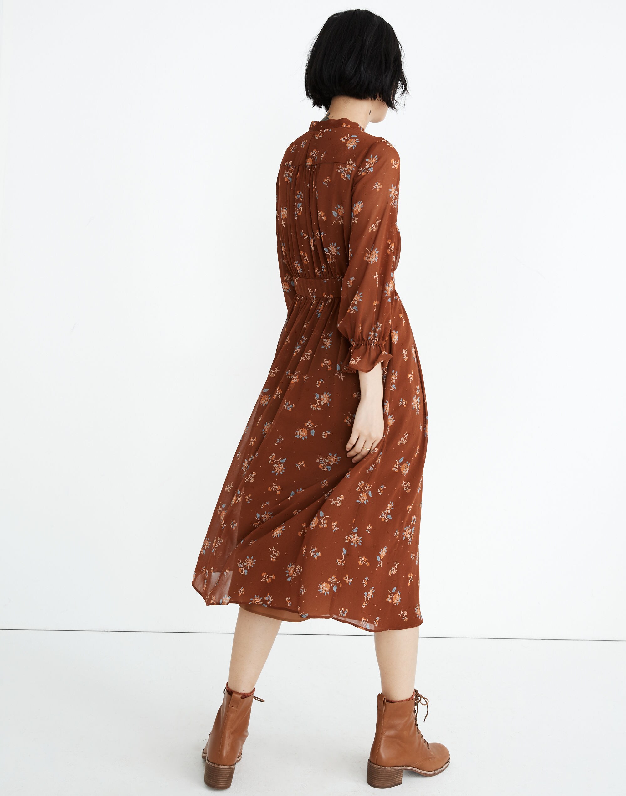 Georgette Tie-Neck Midi Dress in Forest Floral