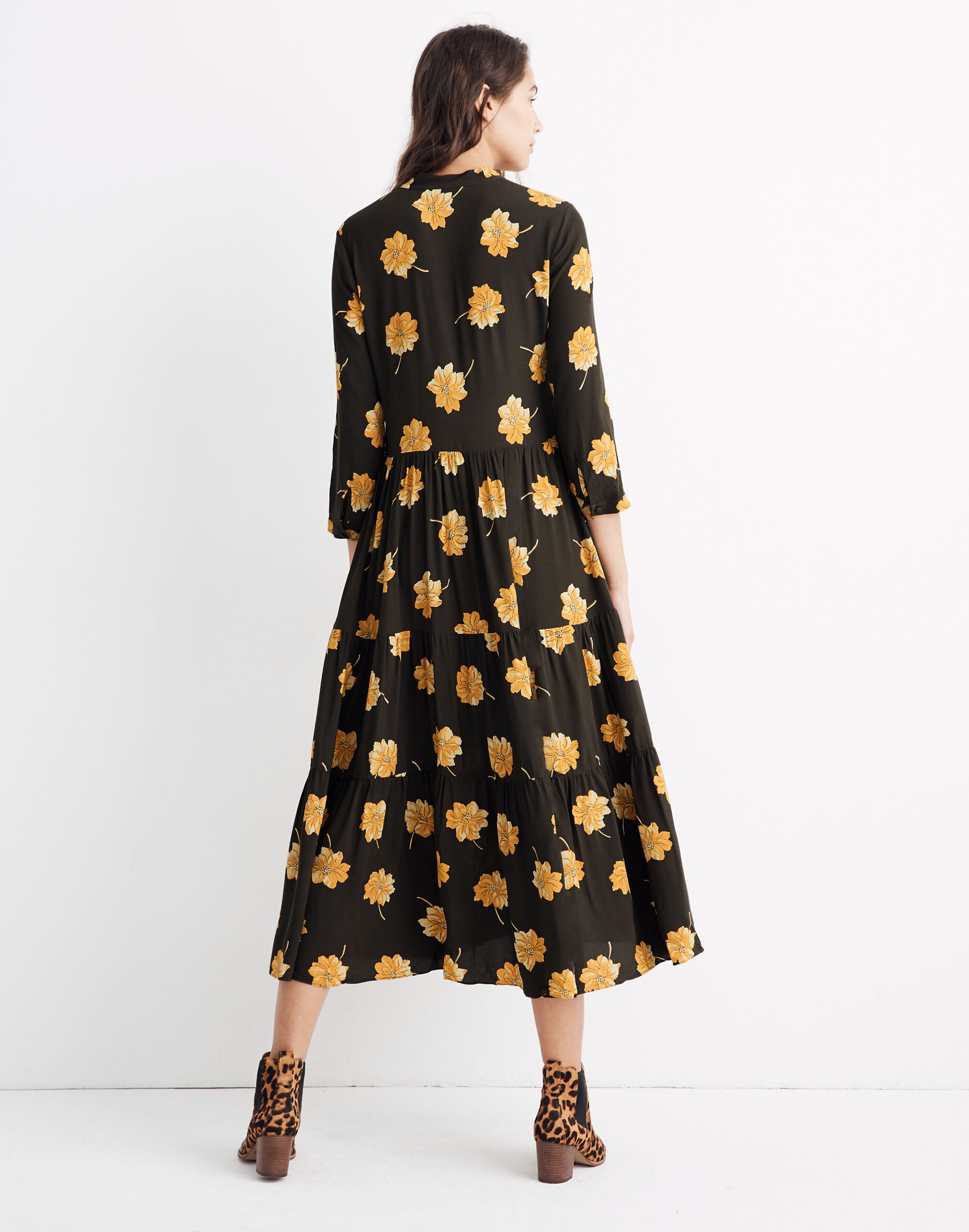 Button-Front Tier Dress in Fall Flowers