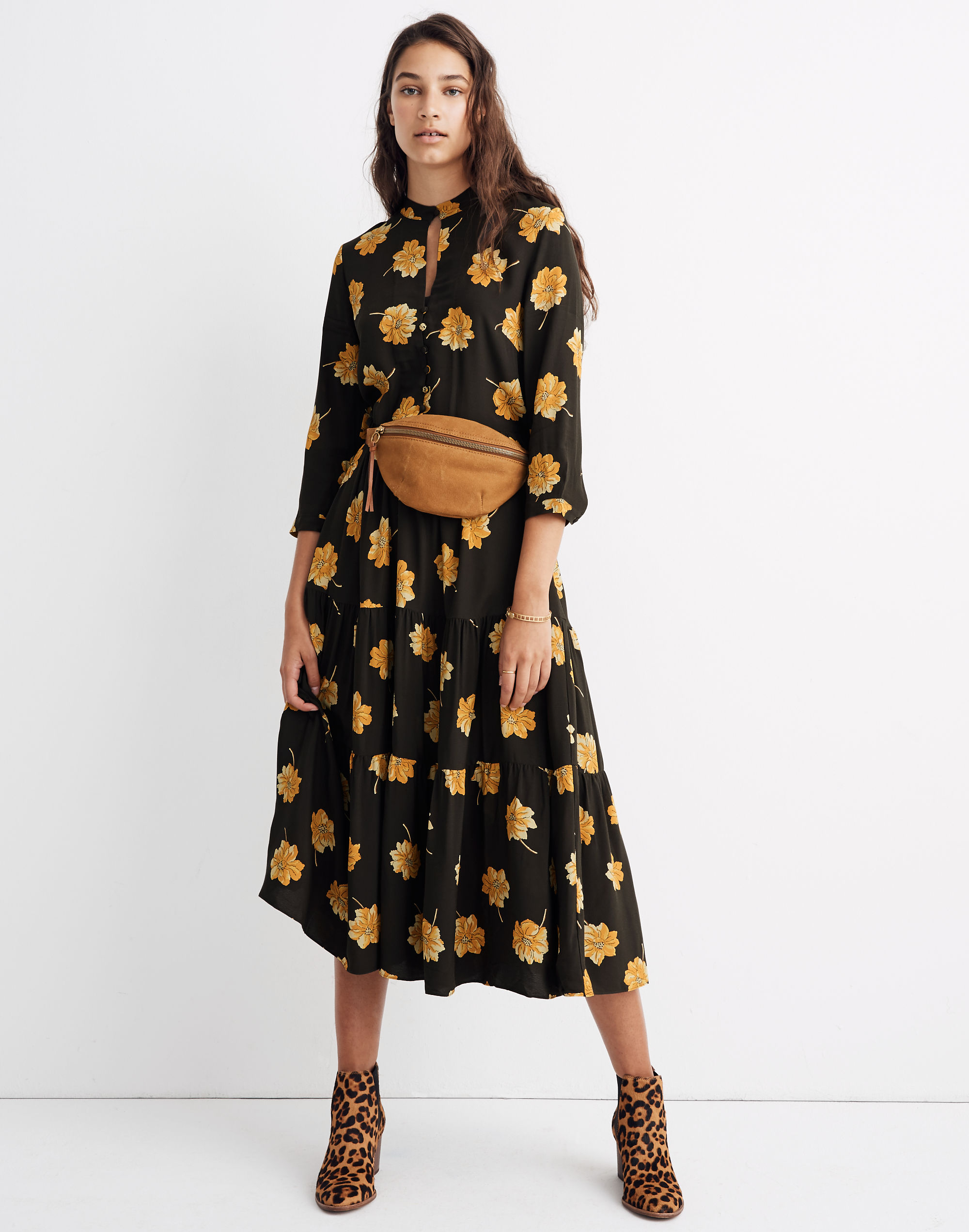 Button-Front Tier Dress in Fall Flowers