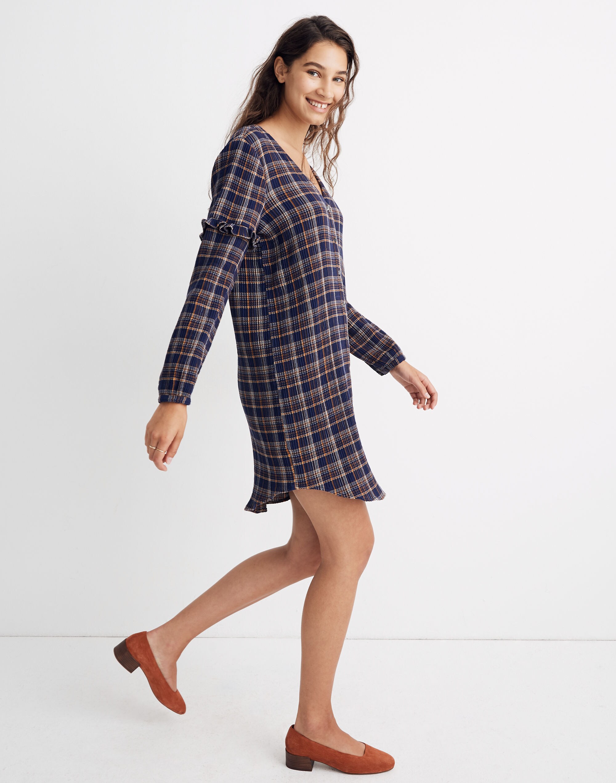Plaid V-Neck Ruffle Shirtdress