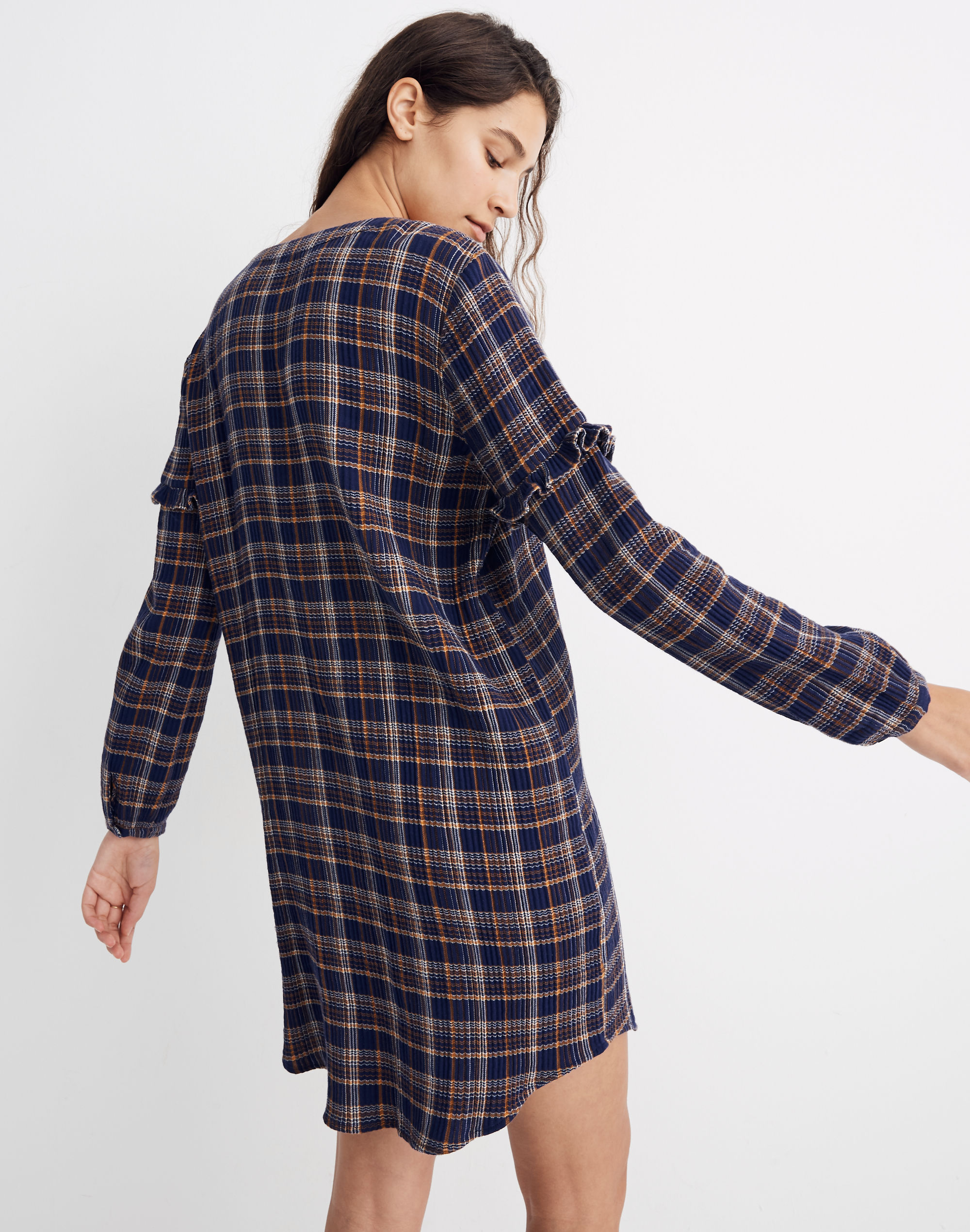 Plaid V-Neck Ruffle Shirtdress