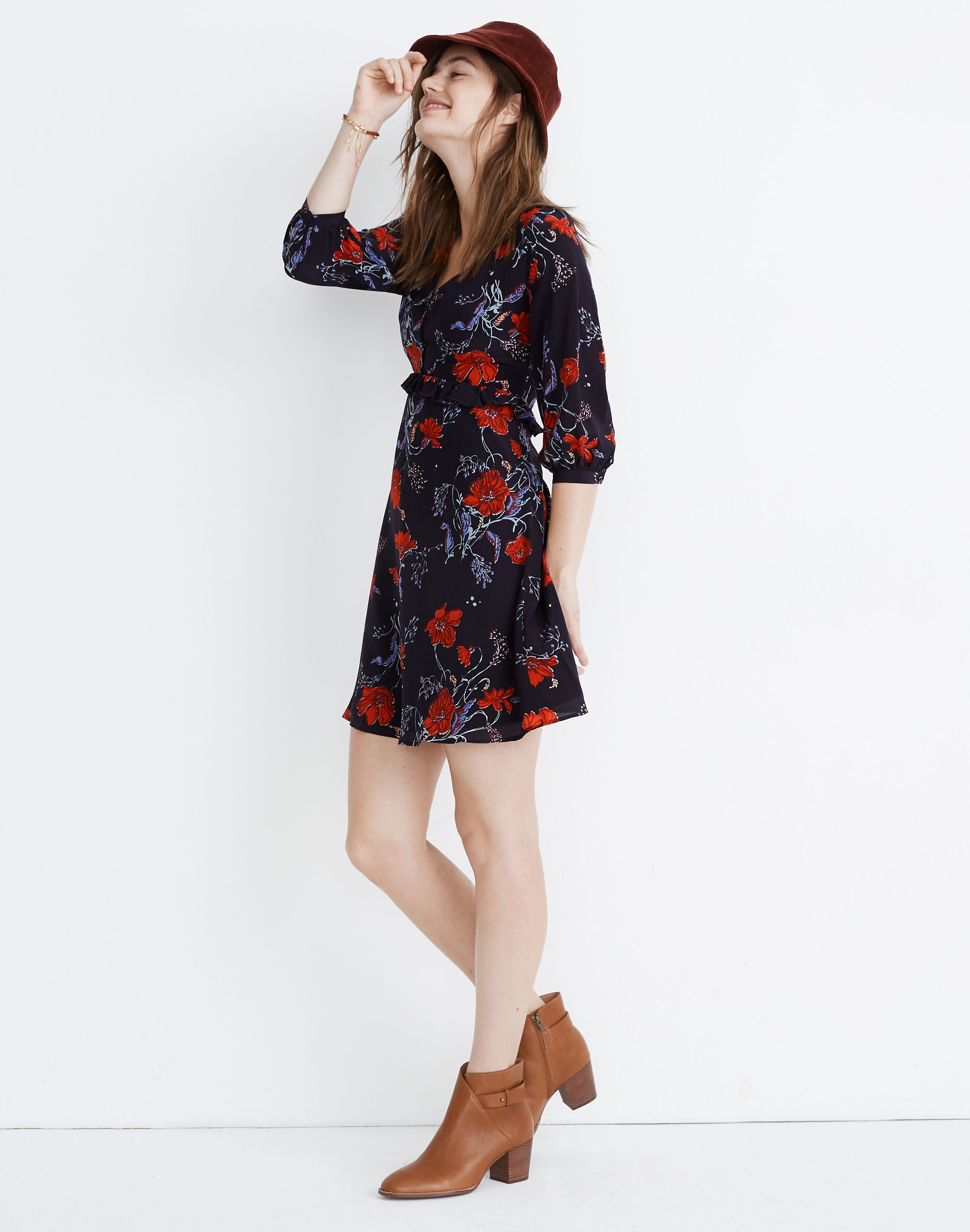 Silk Ruffle-Waist Dress in Windblown Poppies