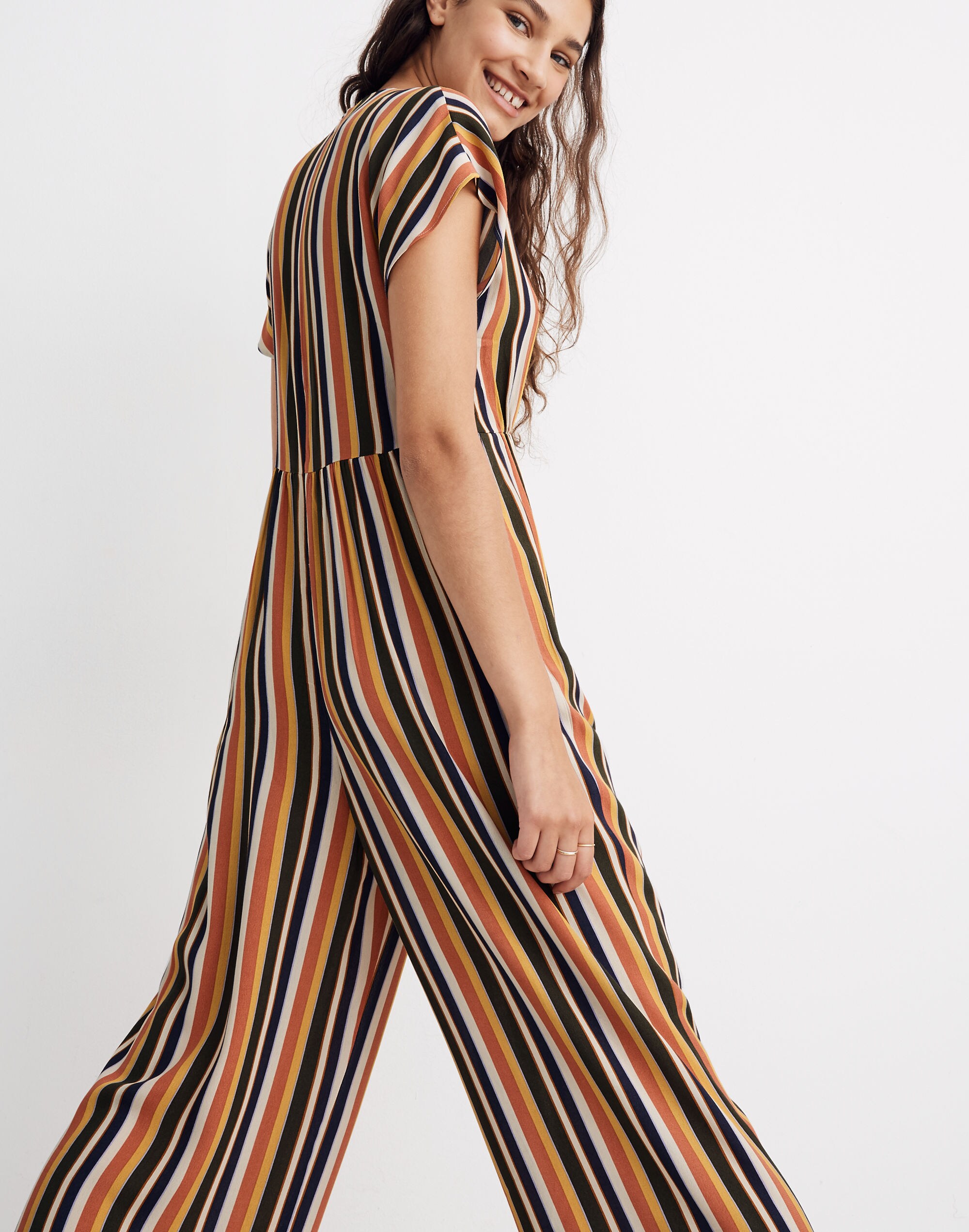 V-Neck Button-Front Jumpsuit in Rainbow Stripe