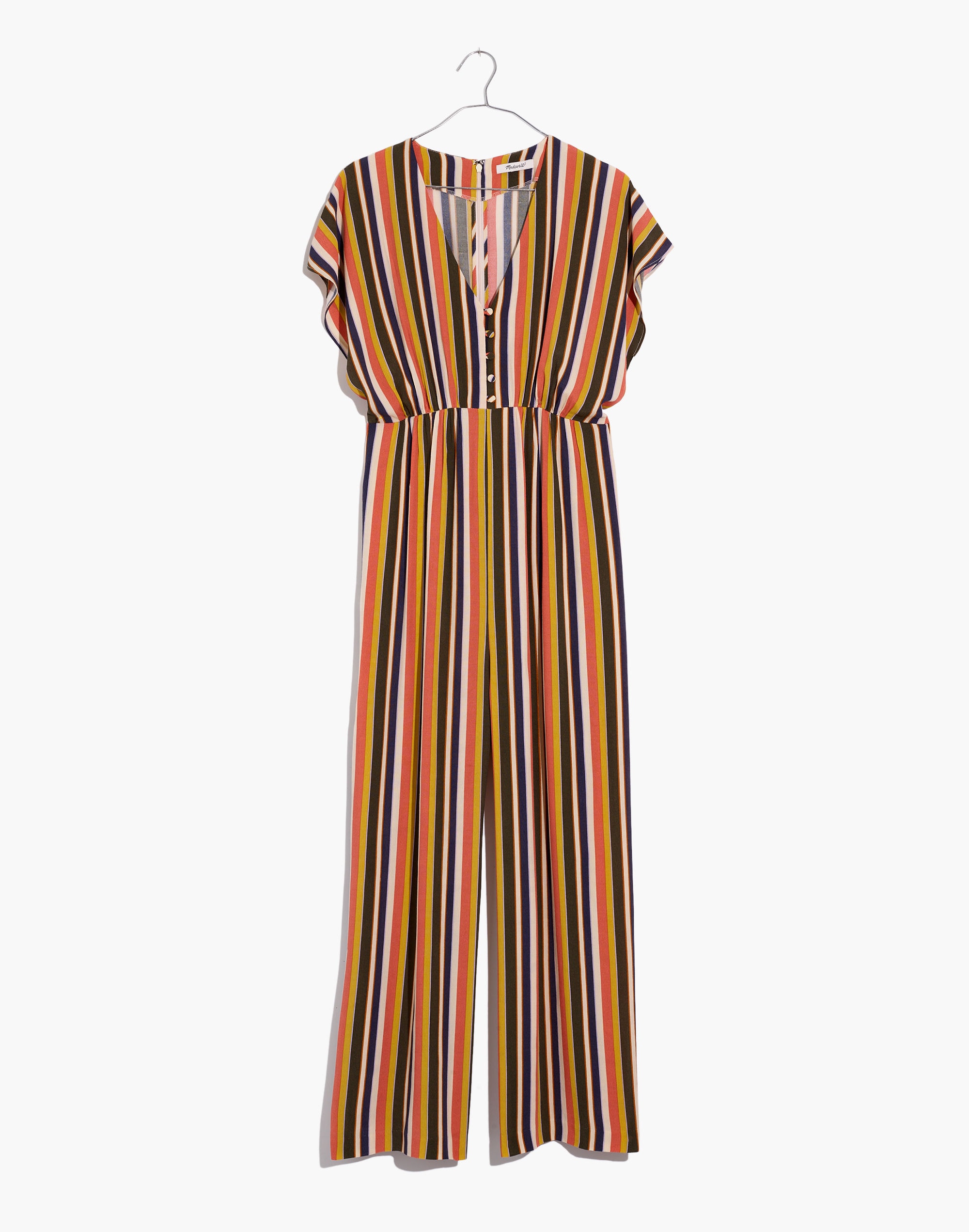 V-Neck Button-Front Jumpsuit in Rainbow Stripe