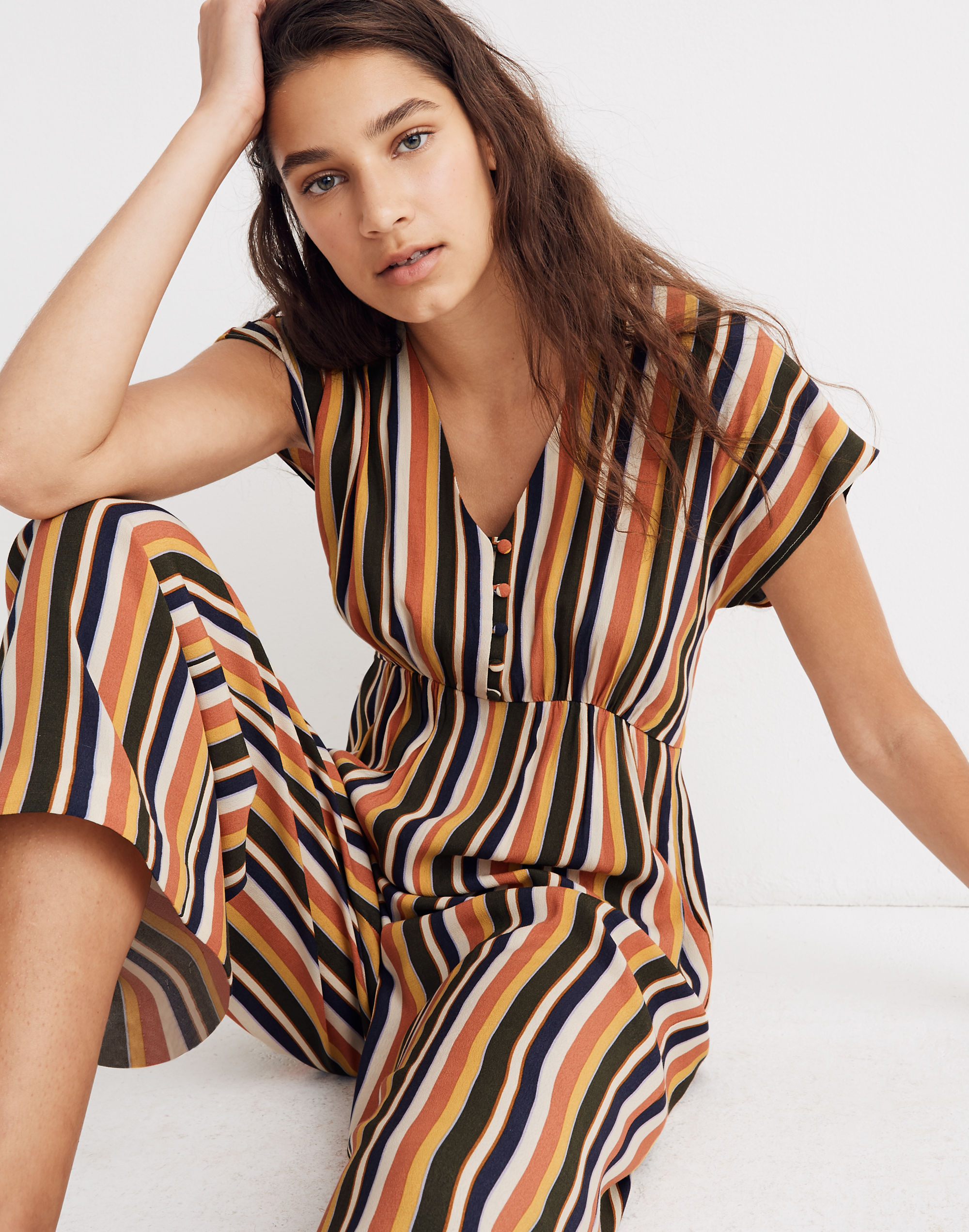 v-neck button-front jumpsuit in rainbow stripe