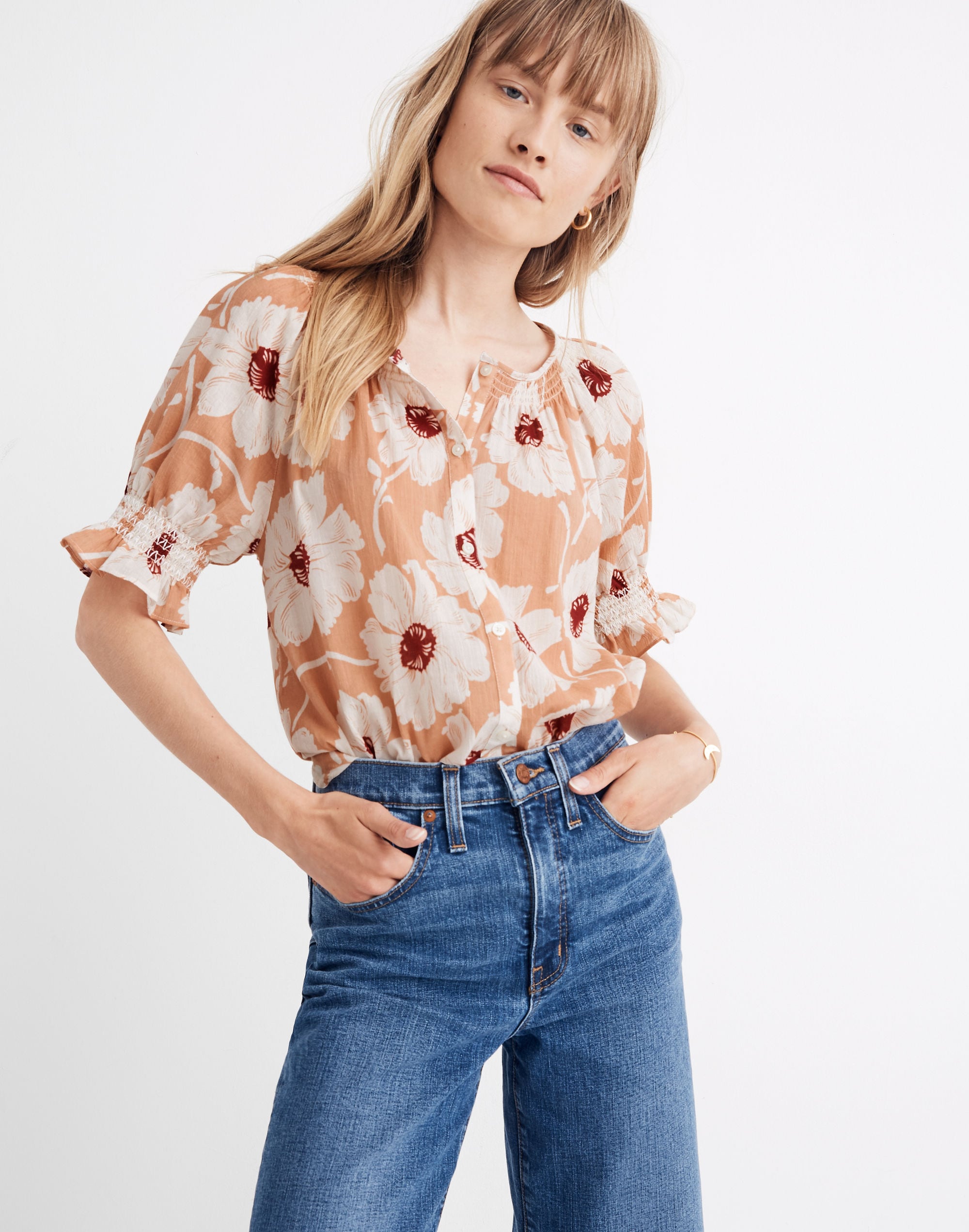 Smocked Button-Down Top in Big Time Blooms
