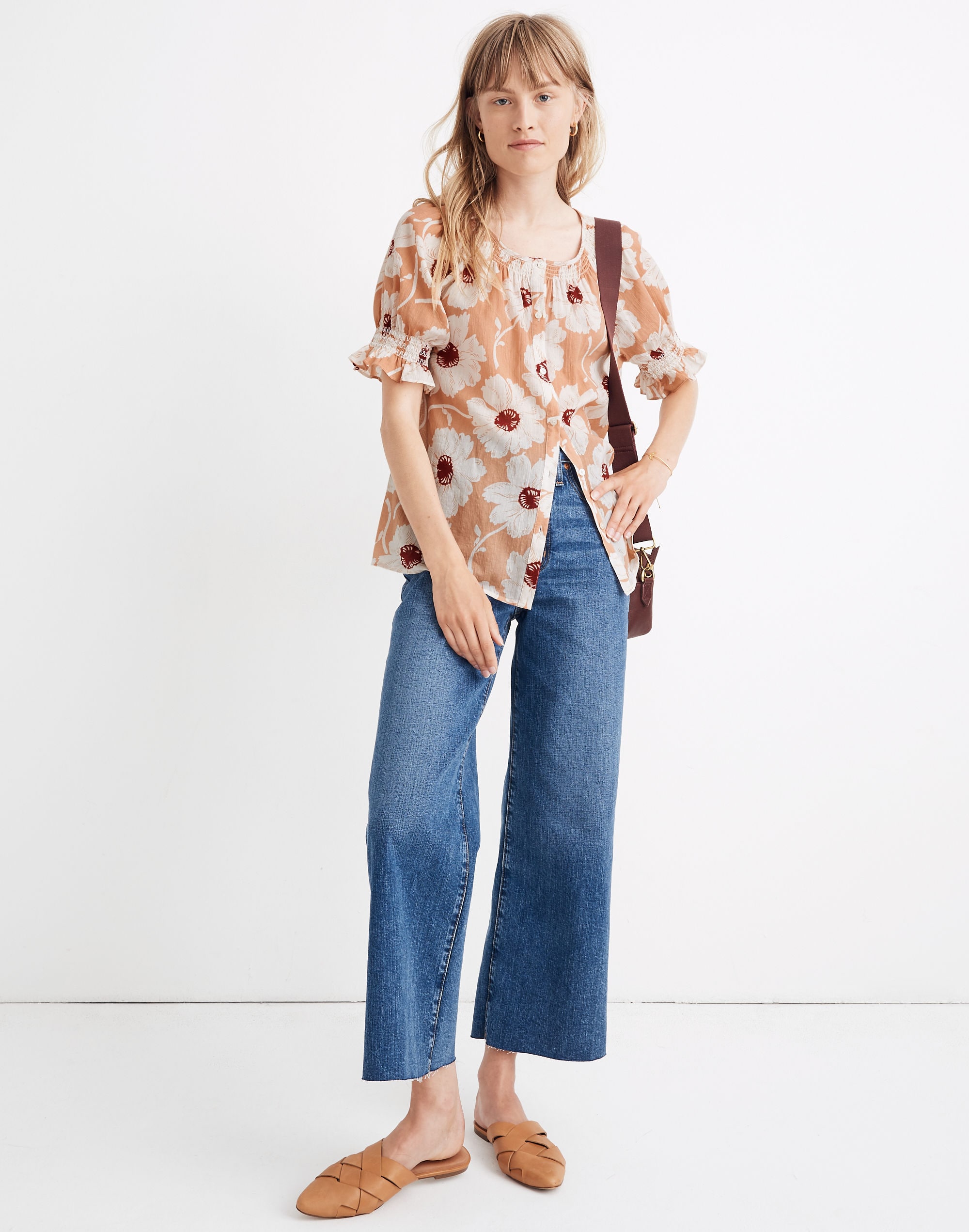 Smocked Button-Down Top in Big Time Blooms