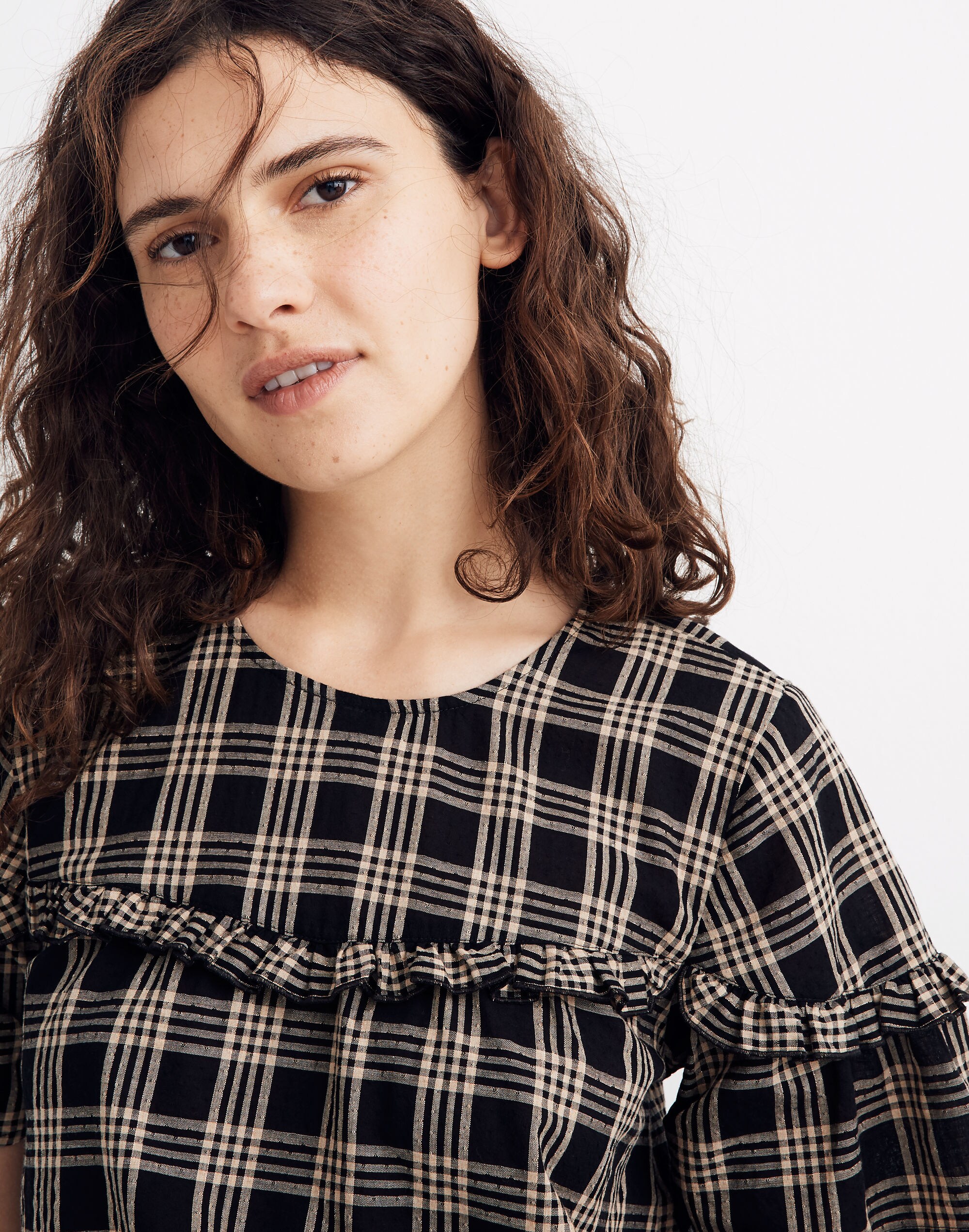 Ruffle-Yoke Top in Metallic Plaid
