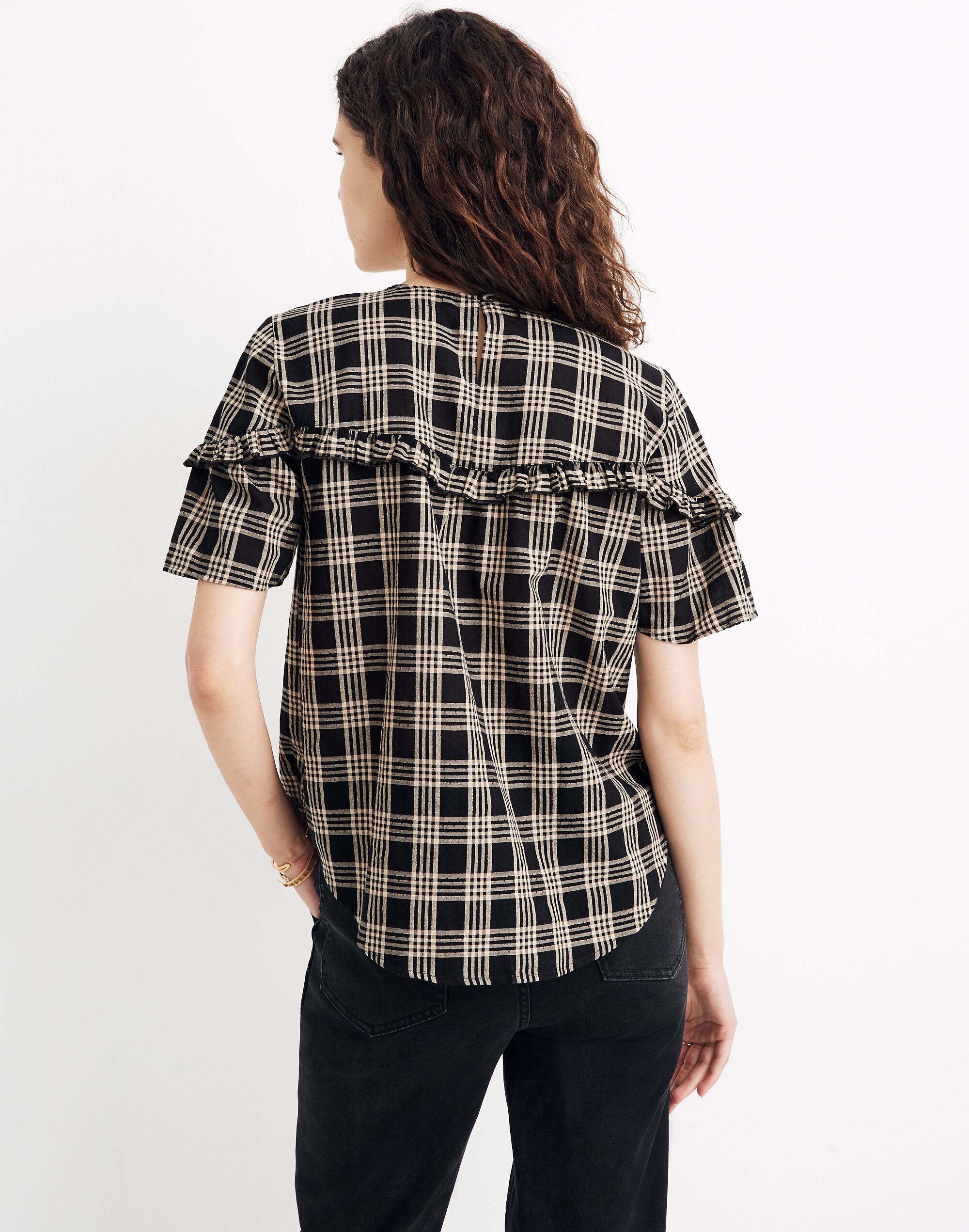Ruffle-Yoke Top in Metallic Plaid