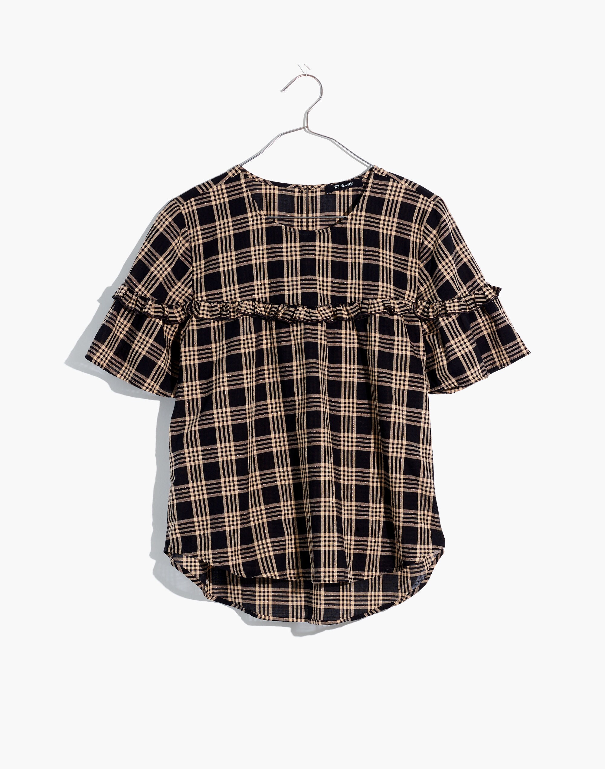Ruffle-Yoke Top in Metallic Plaid