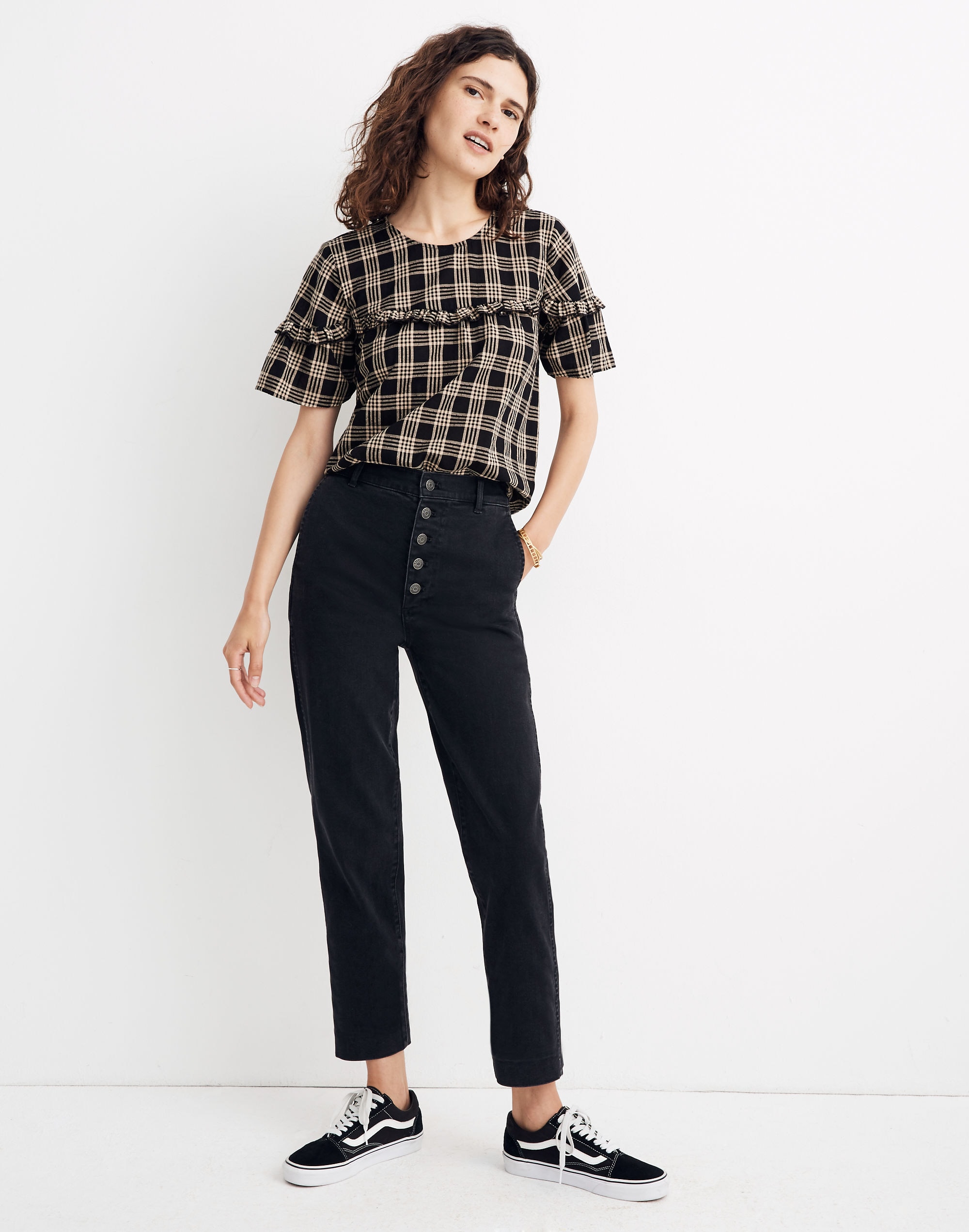 Ruffle-Yoke Top in Metallic Plaid