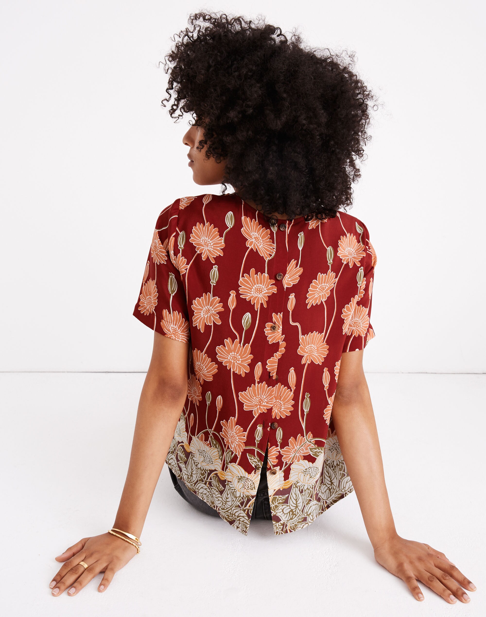 Silk Button-Back Pocket Top in Tall Sunflowers