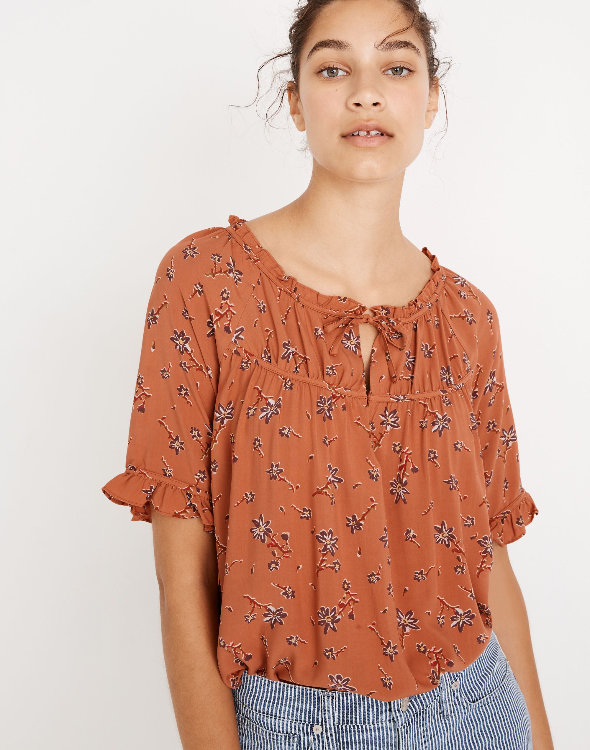 Tie-Neck Peasant Top in Ginger Floral