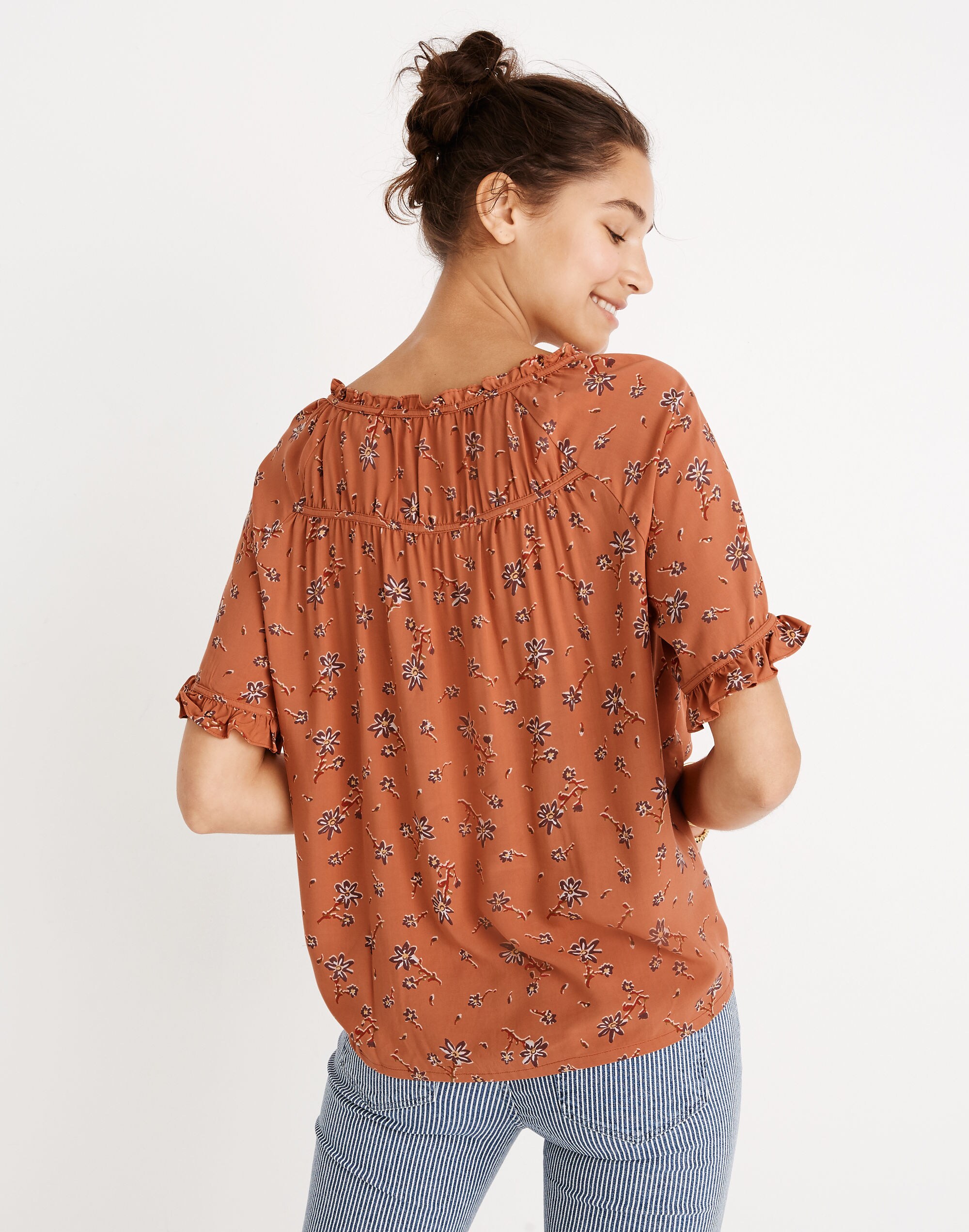 Tie-Neck Peasant Top in Ginger Floral