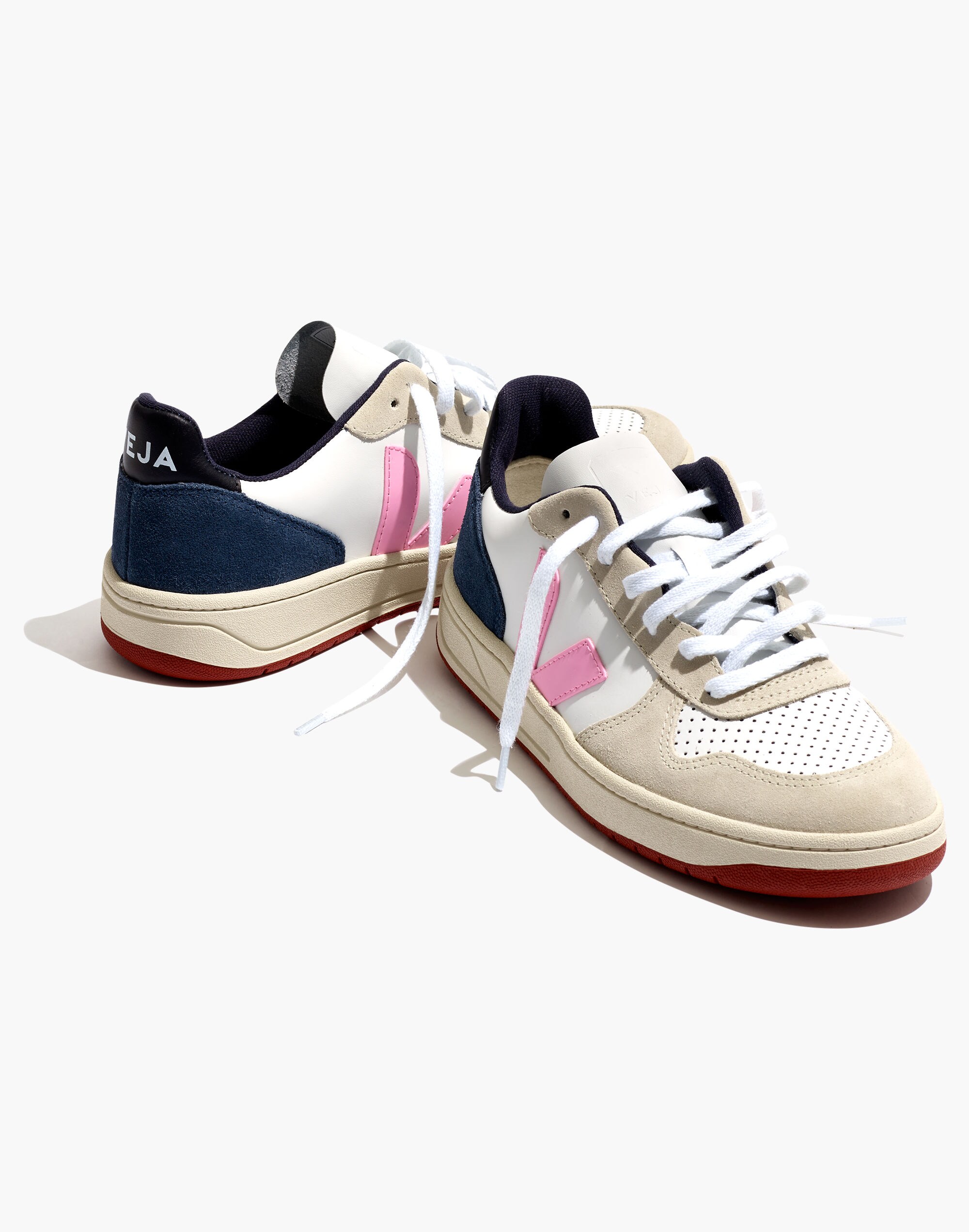 Madewell x Veja&trade; Leather V-10 Lace-Up Sneakers in White with Pink and Navy Accents