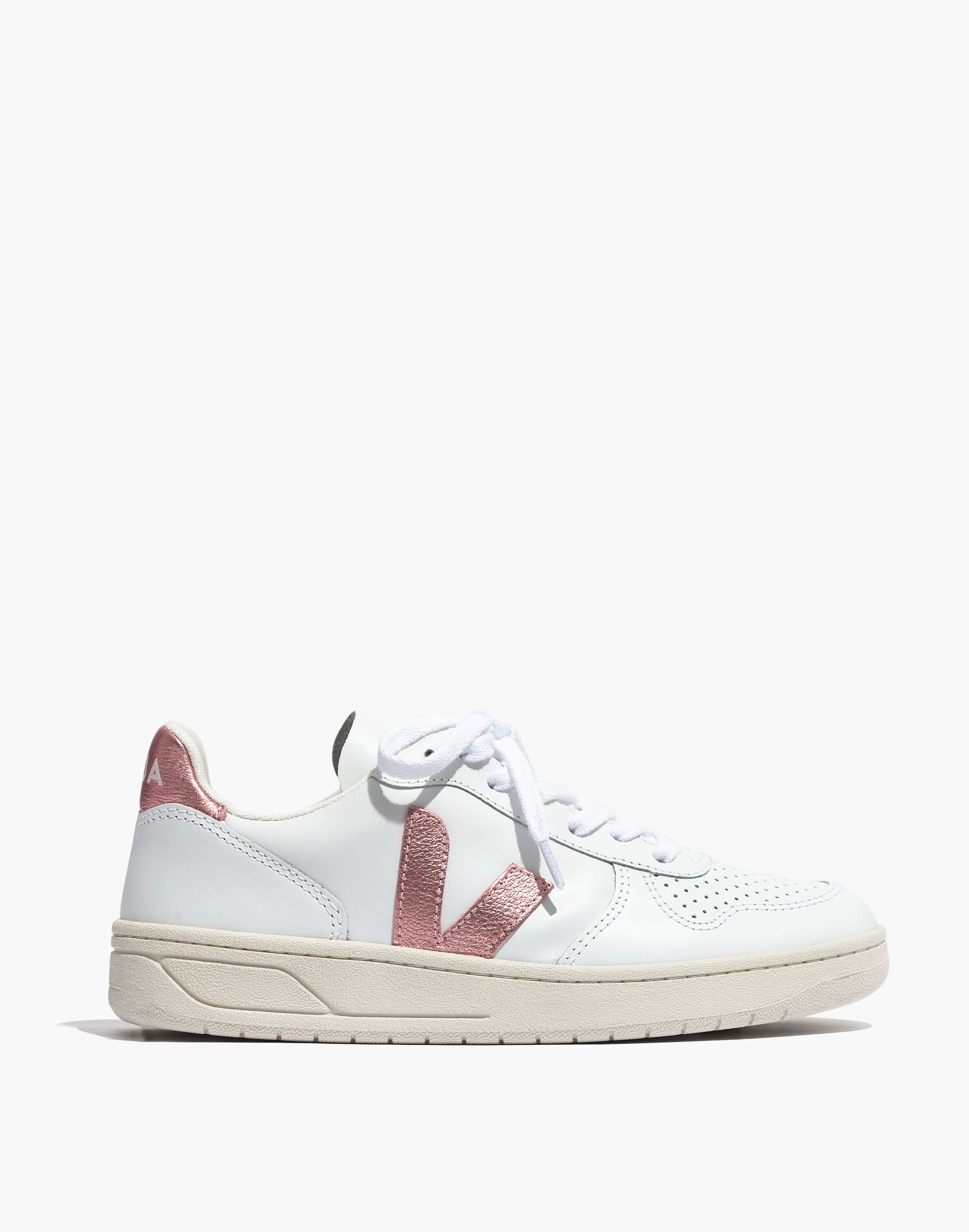 Veja&trade; Leather V-10 Lace-Up Sneakers in White with Metallic Pink Accents