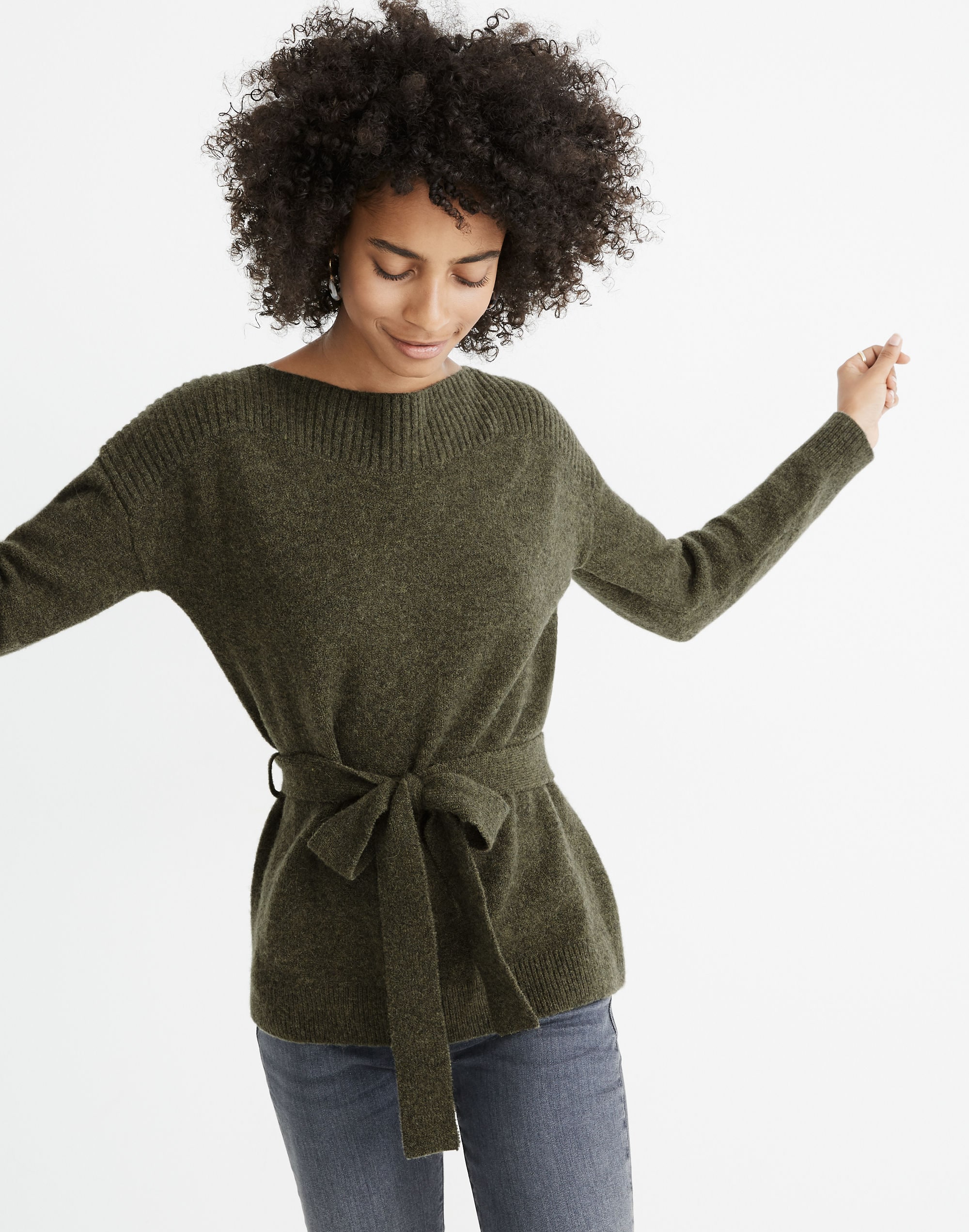 Boatneck Tie-Waist Pullover Sweater