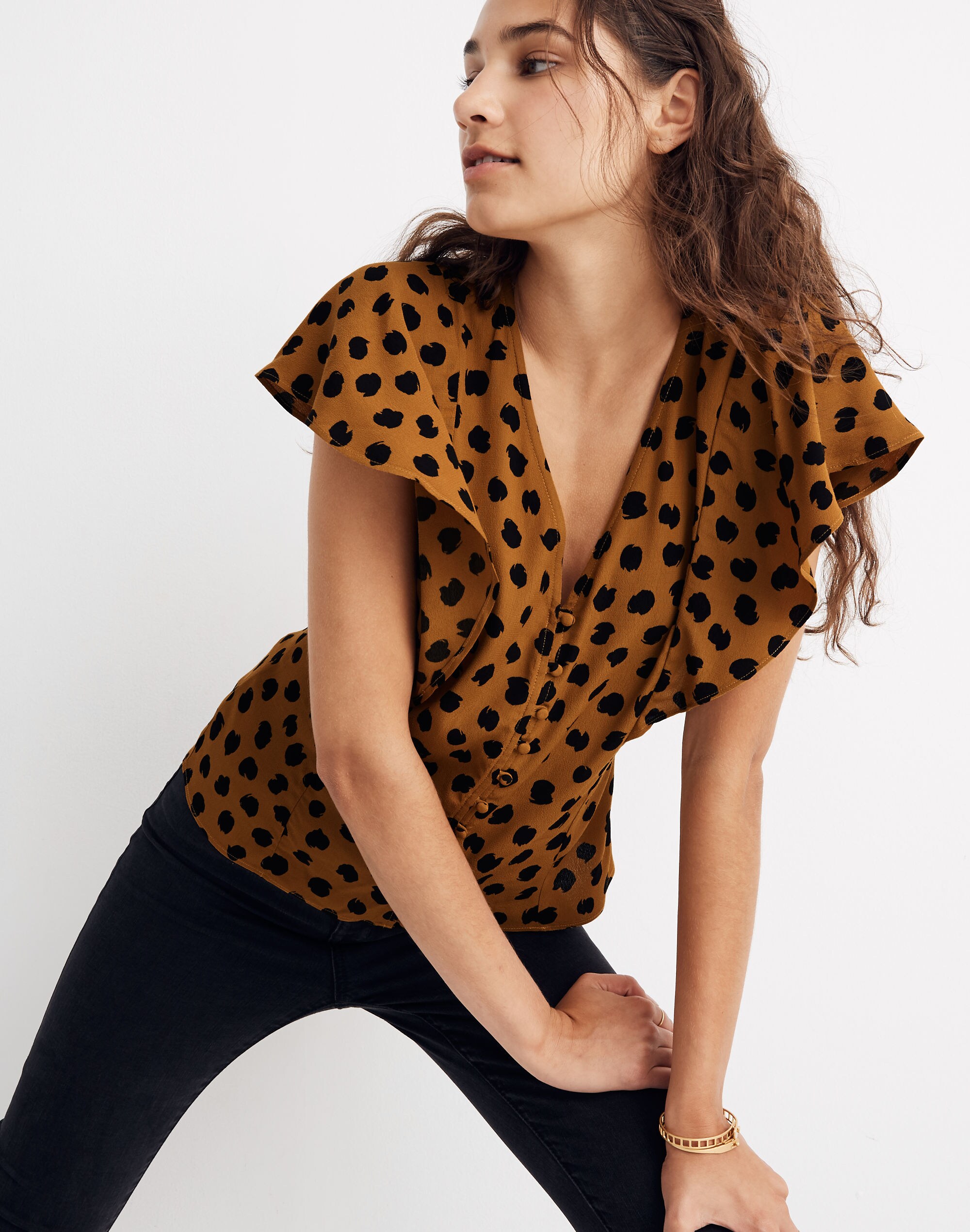 Carmelina Flutter-Sleeve Top in Painted Spots