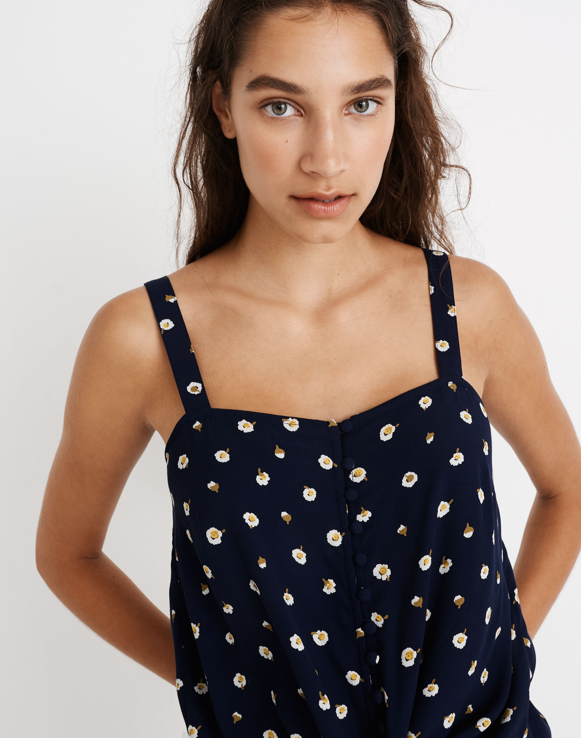 Button-Front Tie Tank in Daisy Dots