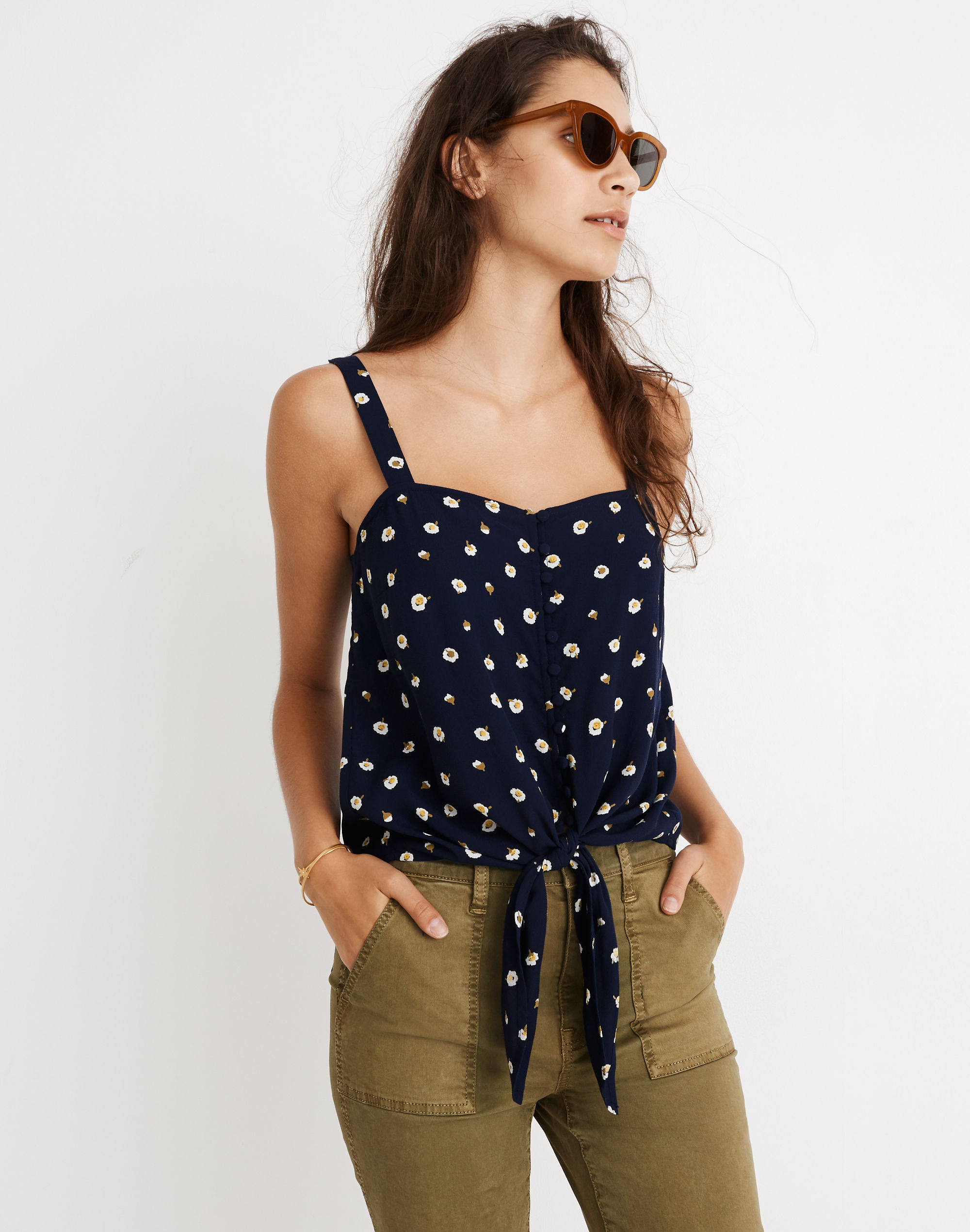 Button-Front Tie Tank in Daisy Dots