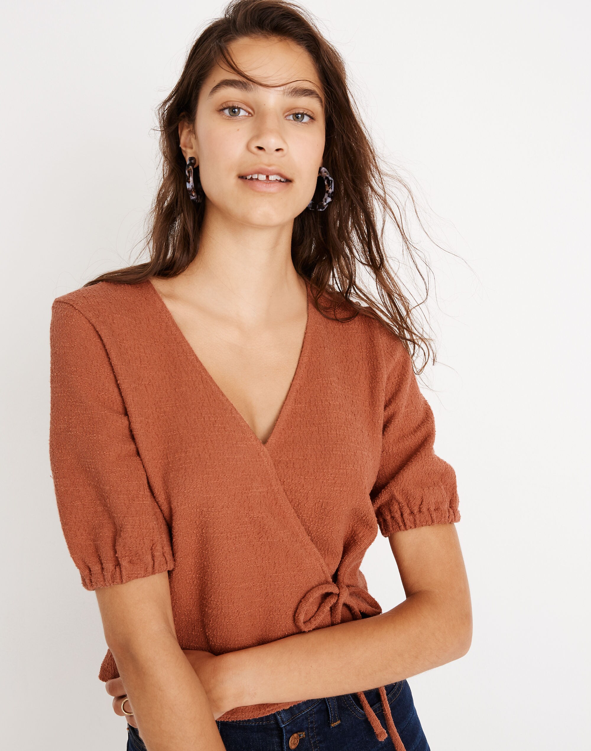 Texture &amp; Thread Puff-Sleeve Wrap Top