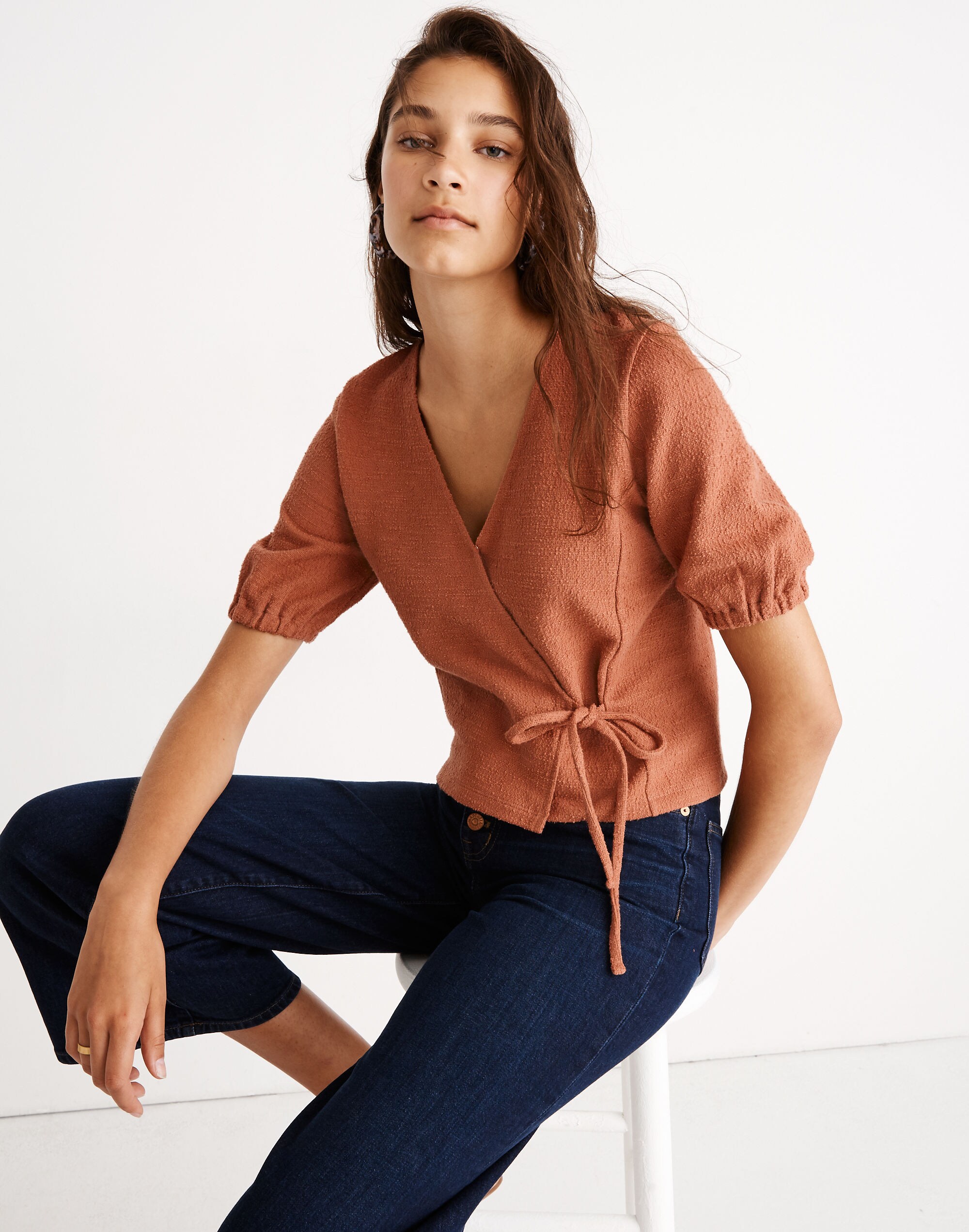 Texture &amp; Thread Puff-Sleeve Wrap Top