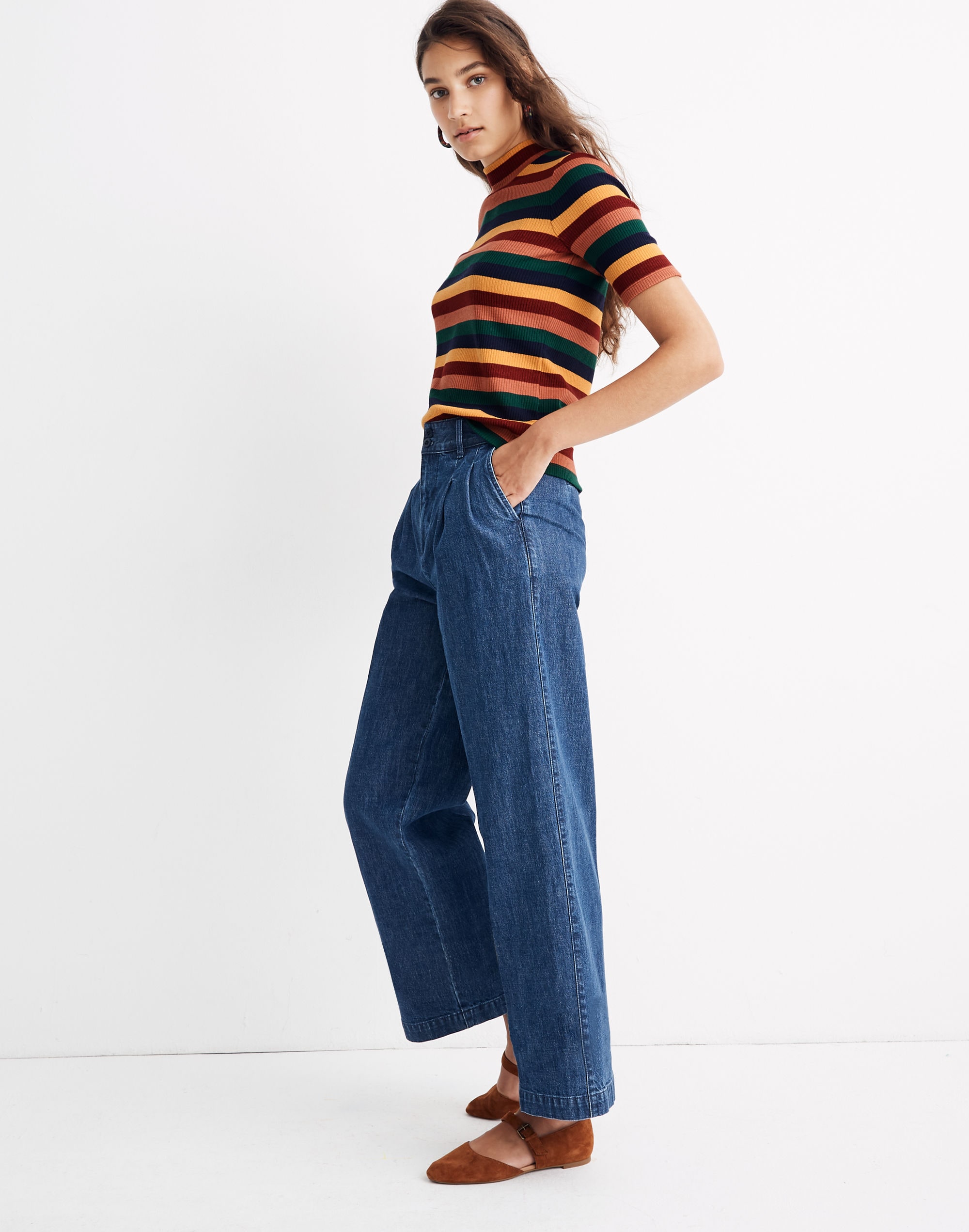 Ribbed Mockneck Top in Rainbow Stripe