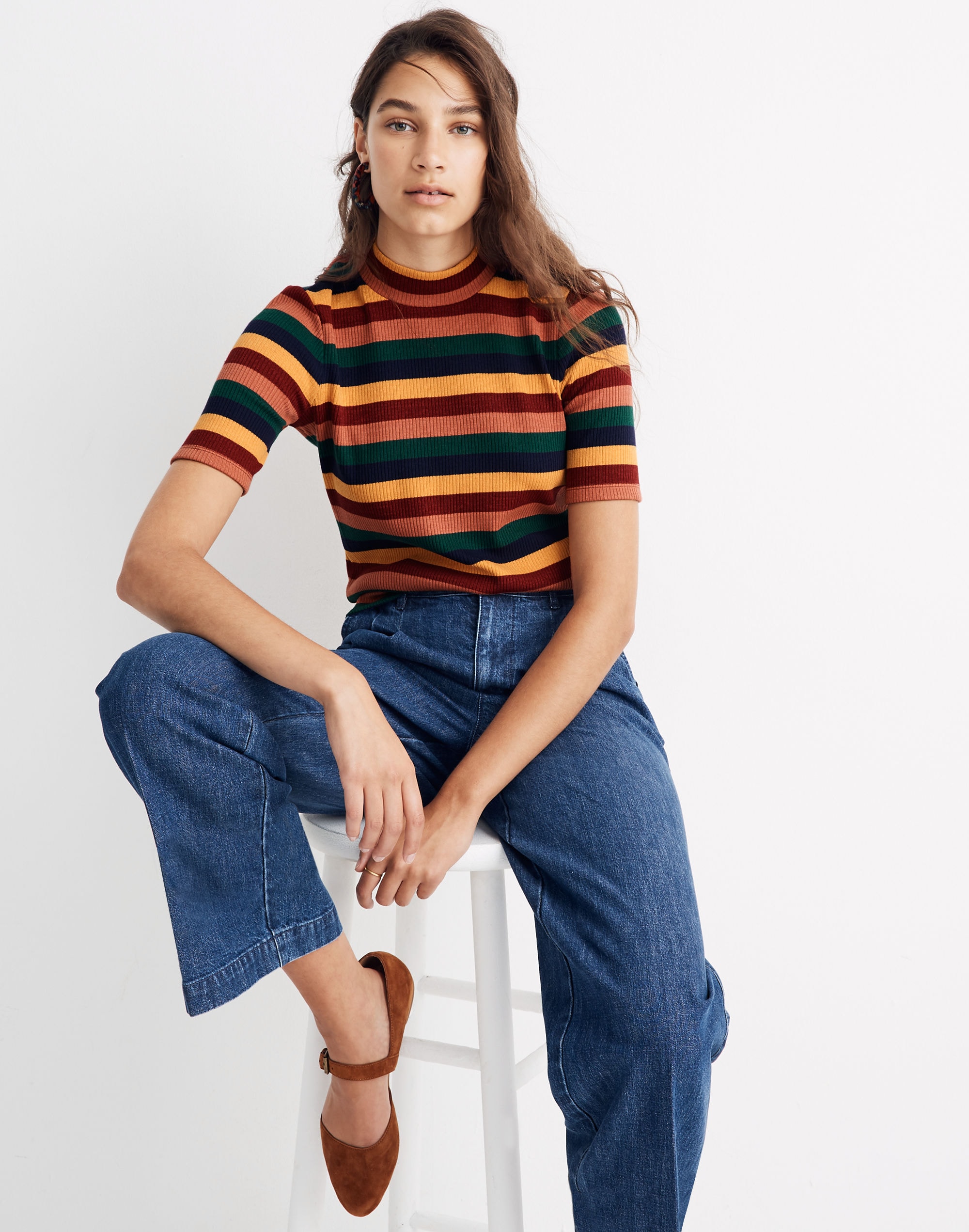ribbed mockneck top in rainbow stripe