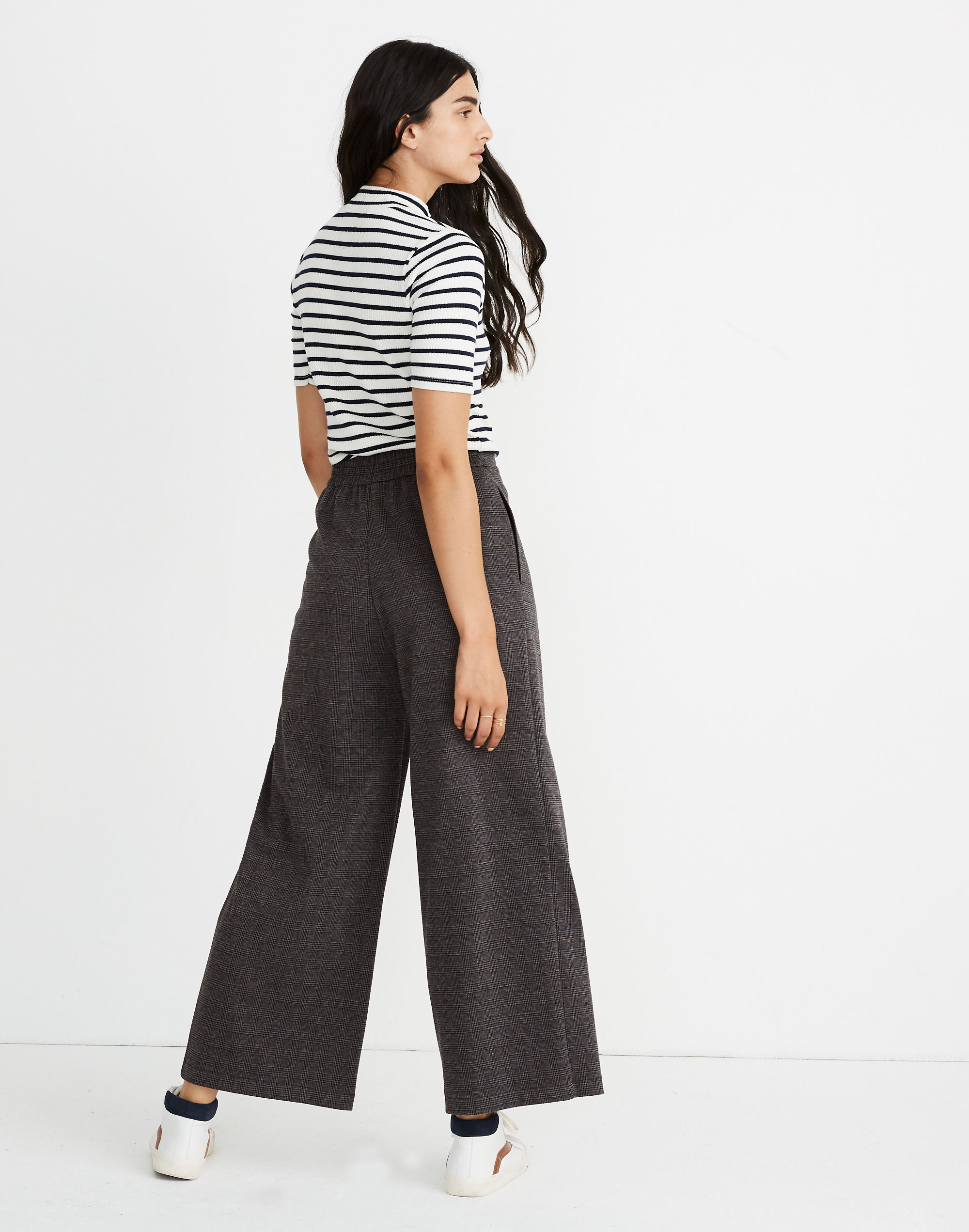 Pleated Pull-On Crop Pants in Glen Plaid