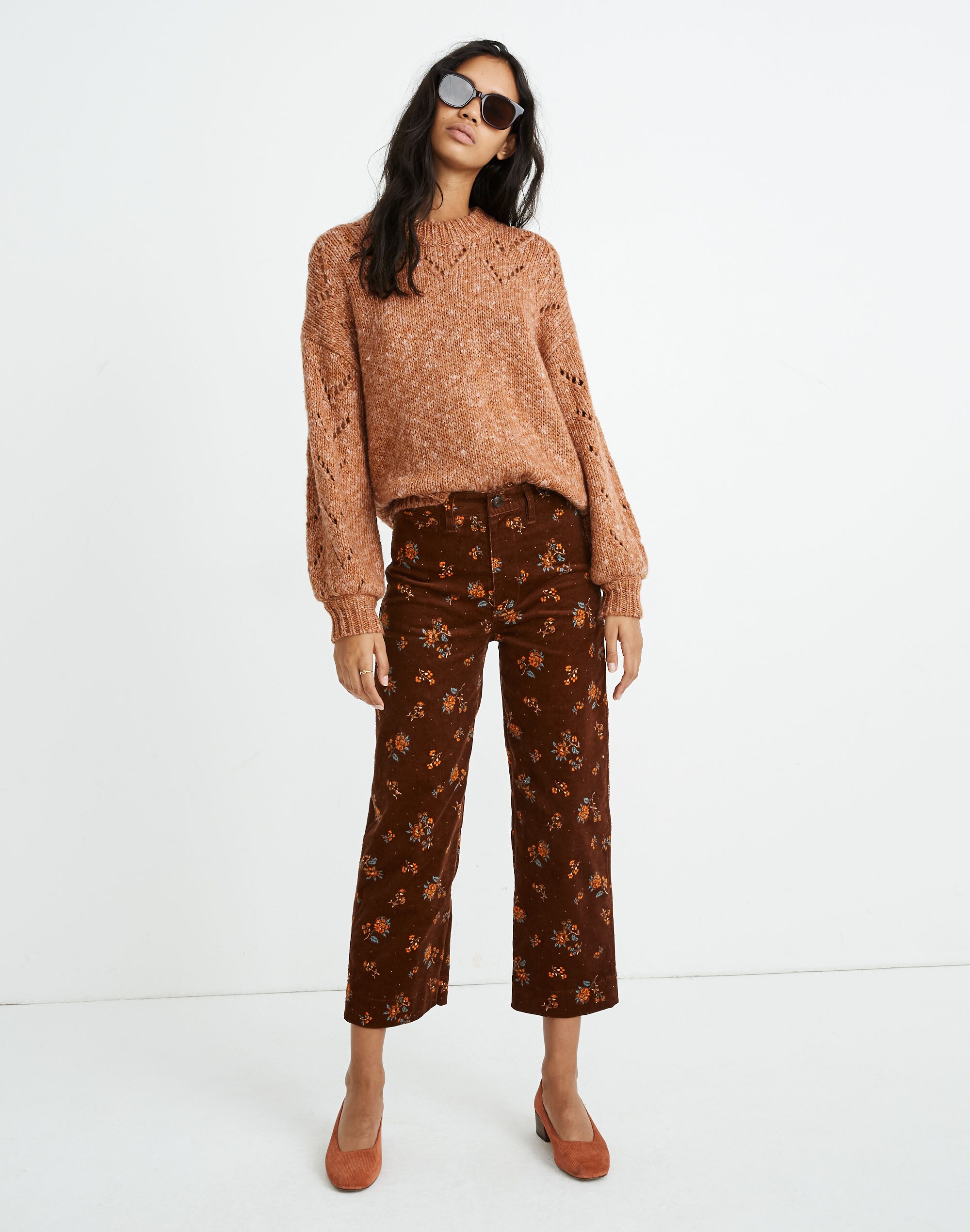 Pointelle Bubble-Sleeve Pullover Sweater