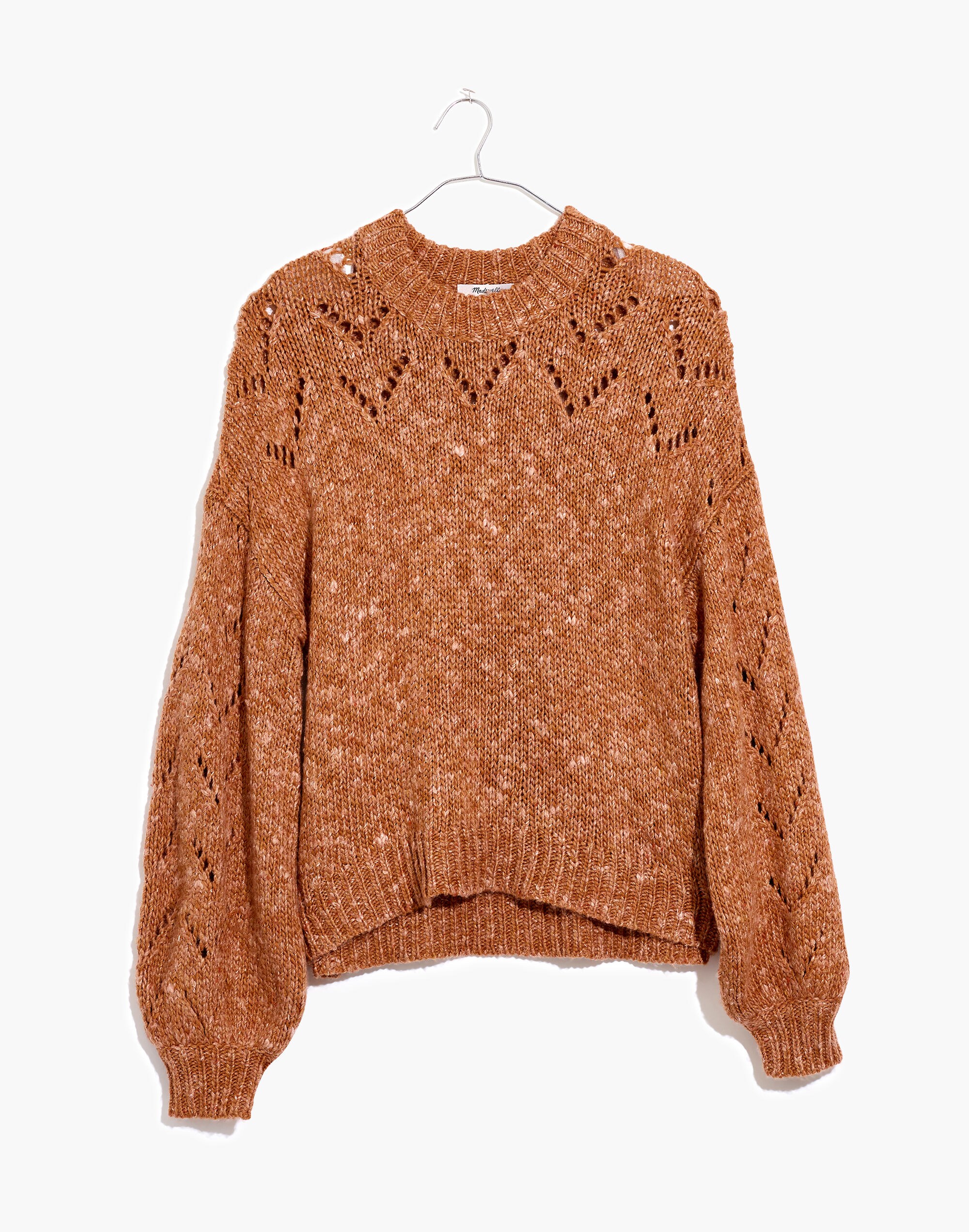 Pointelle Bubble-Sleeve Pullover Sweater