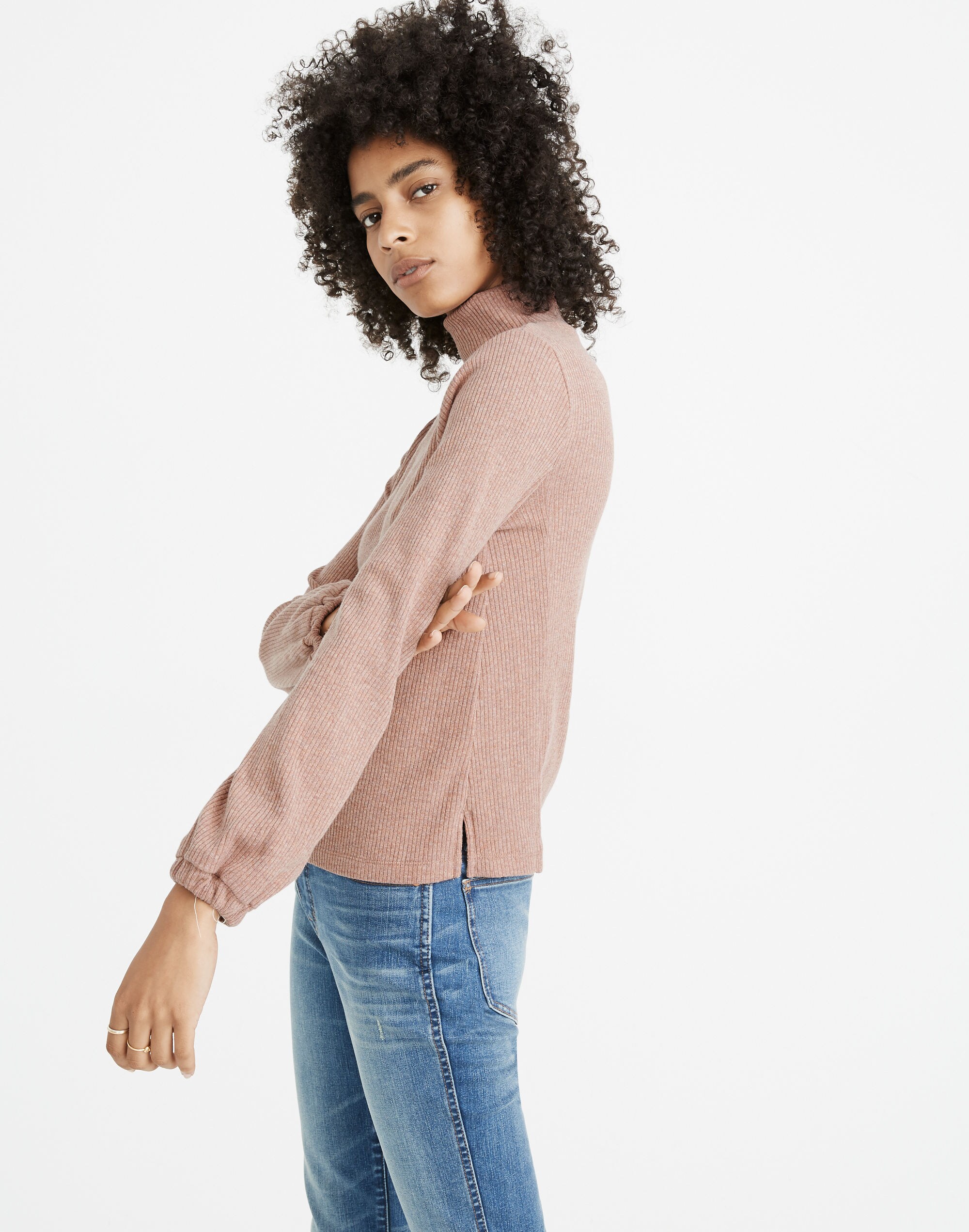 Heathered Bubble-Sleeve Swing Turtleneck