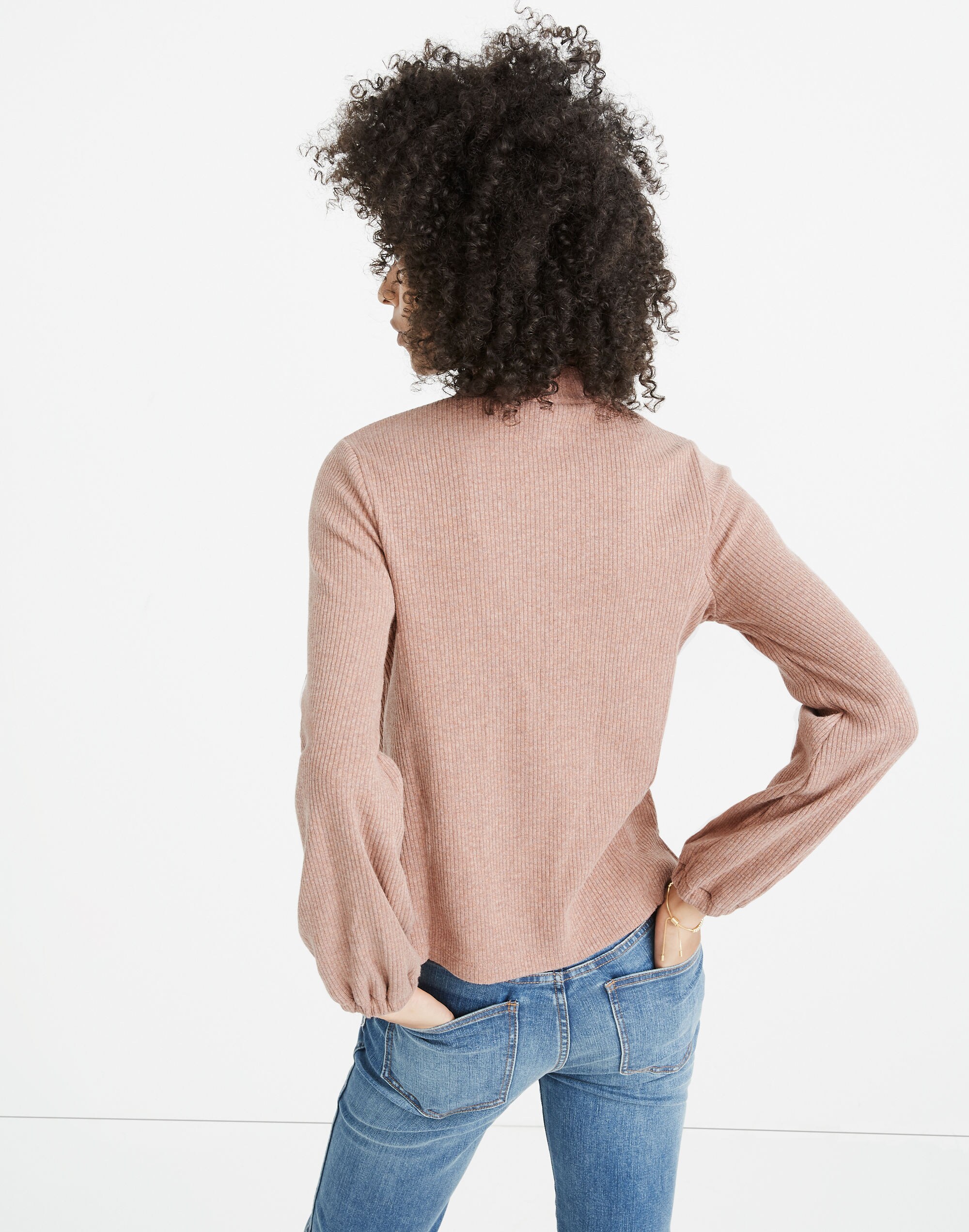 Heathered Bubble-Sleeve Swing Turtleneck