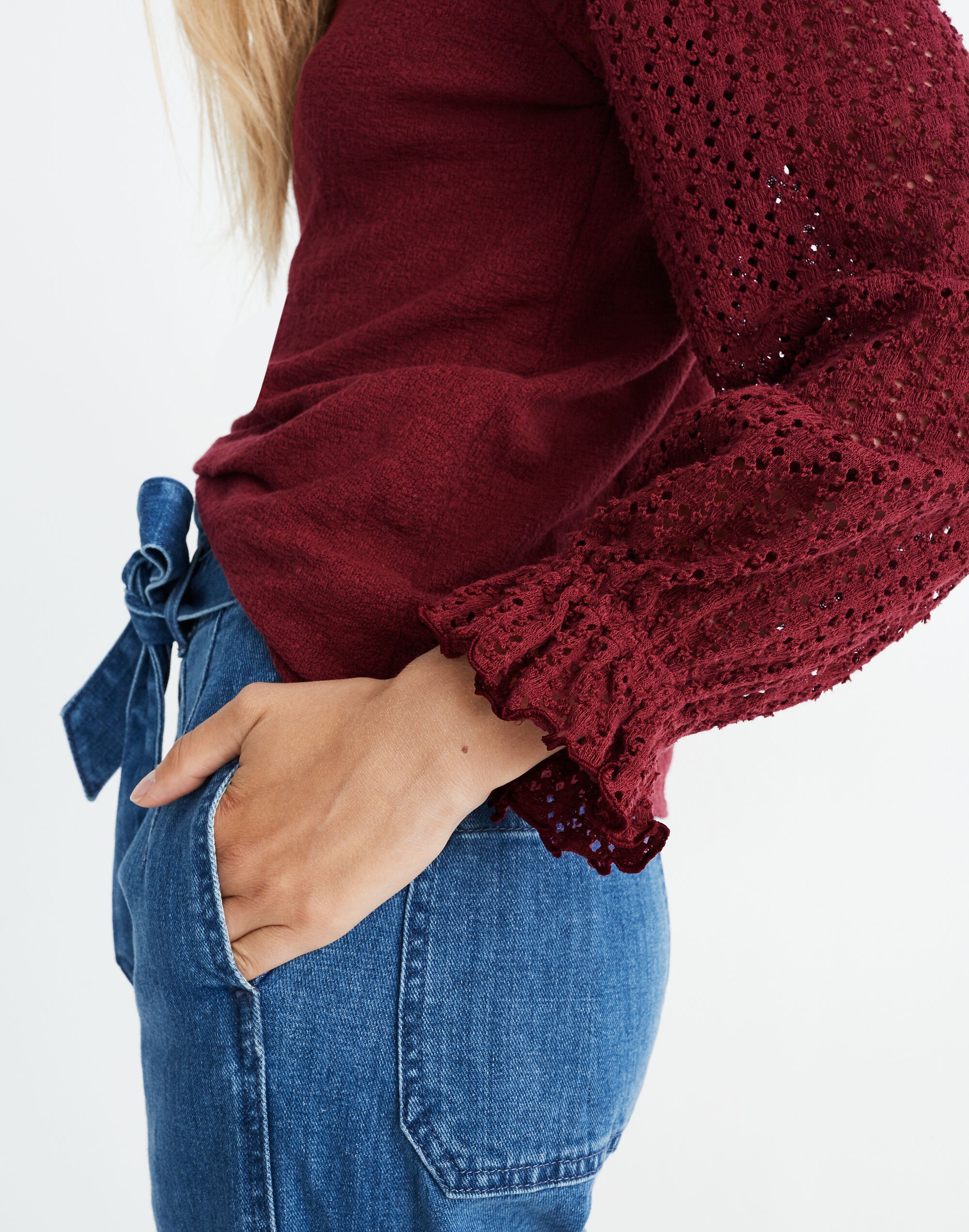 Texture &amp; Thread Eyelet Mix Ruffle-Sleeve Top