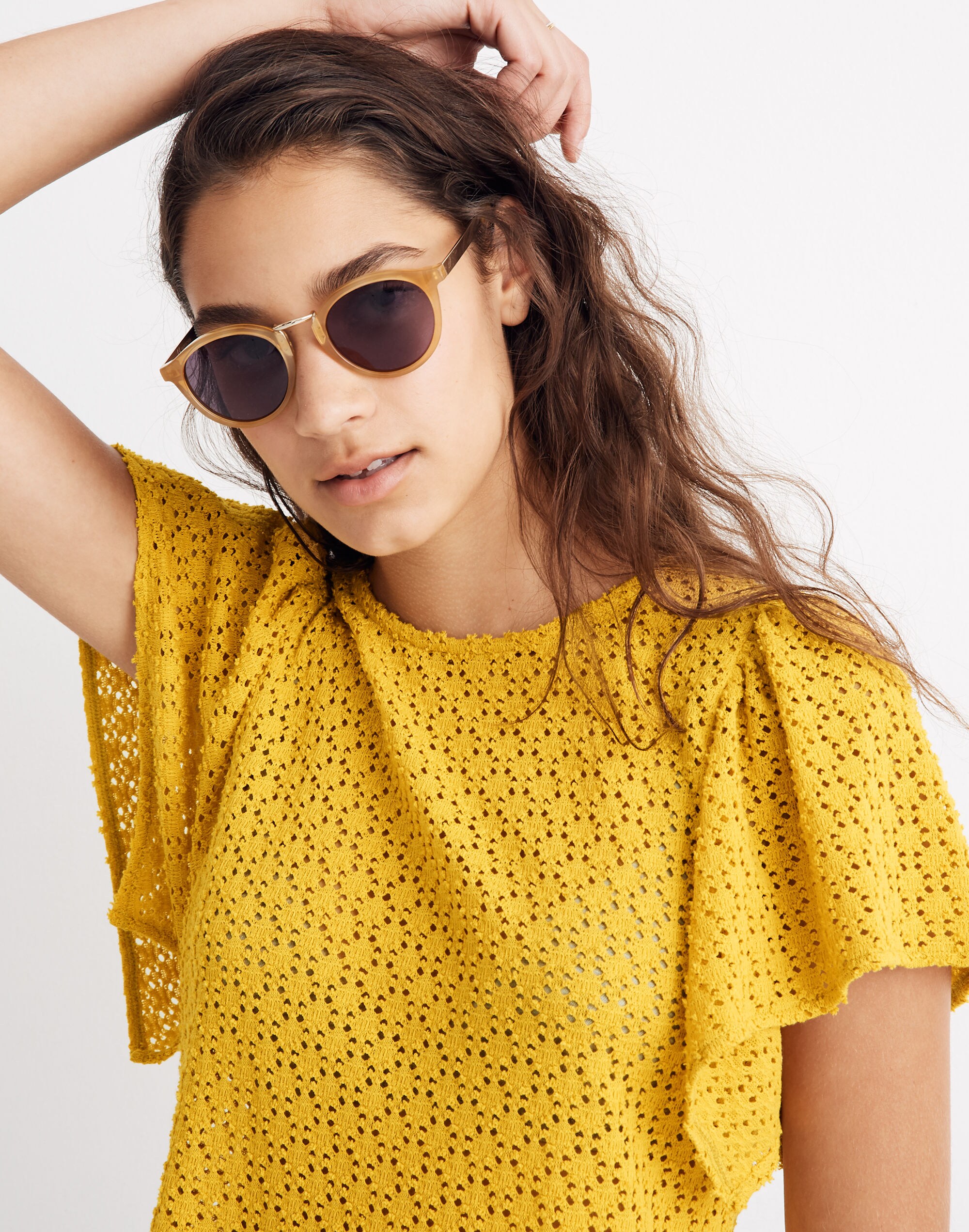 Texture &amp; Thread Eyelet Flutter-Sleeve Top