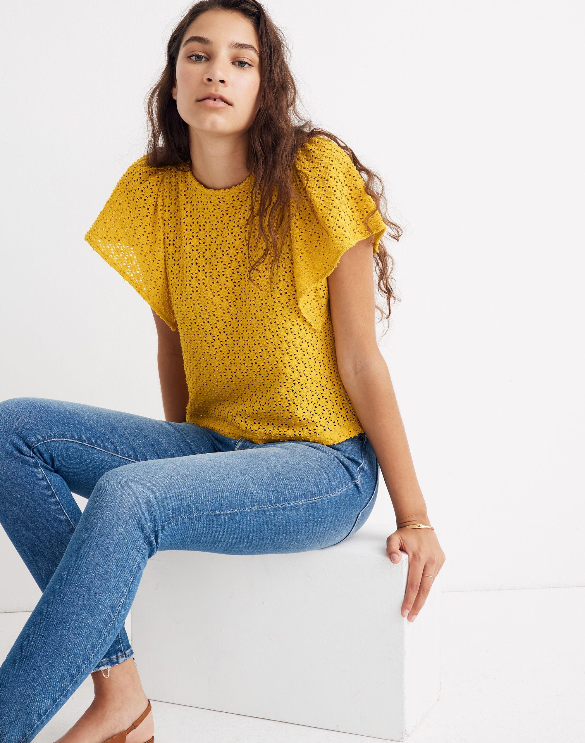 Texture &amp; Thread Eyelet Flutter-Sleeve Top