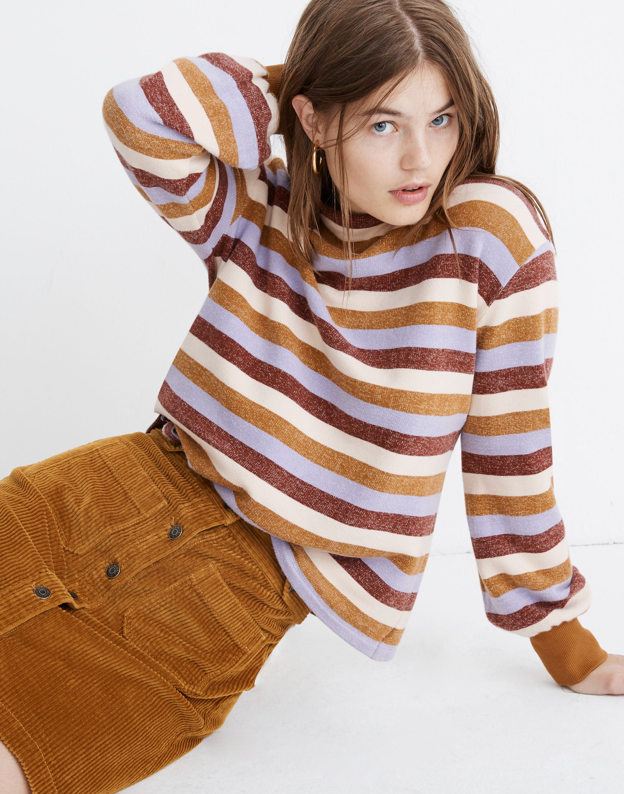 mockneck bubble-sleeve sweatshirt in stripe