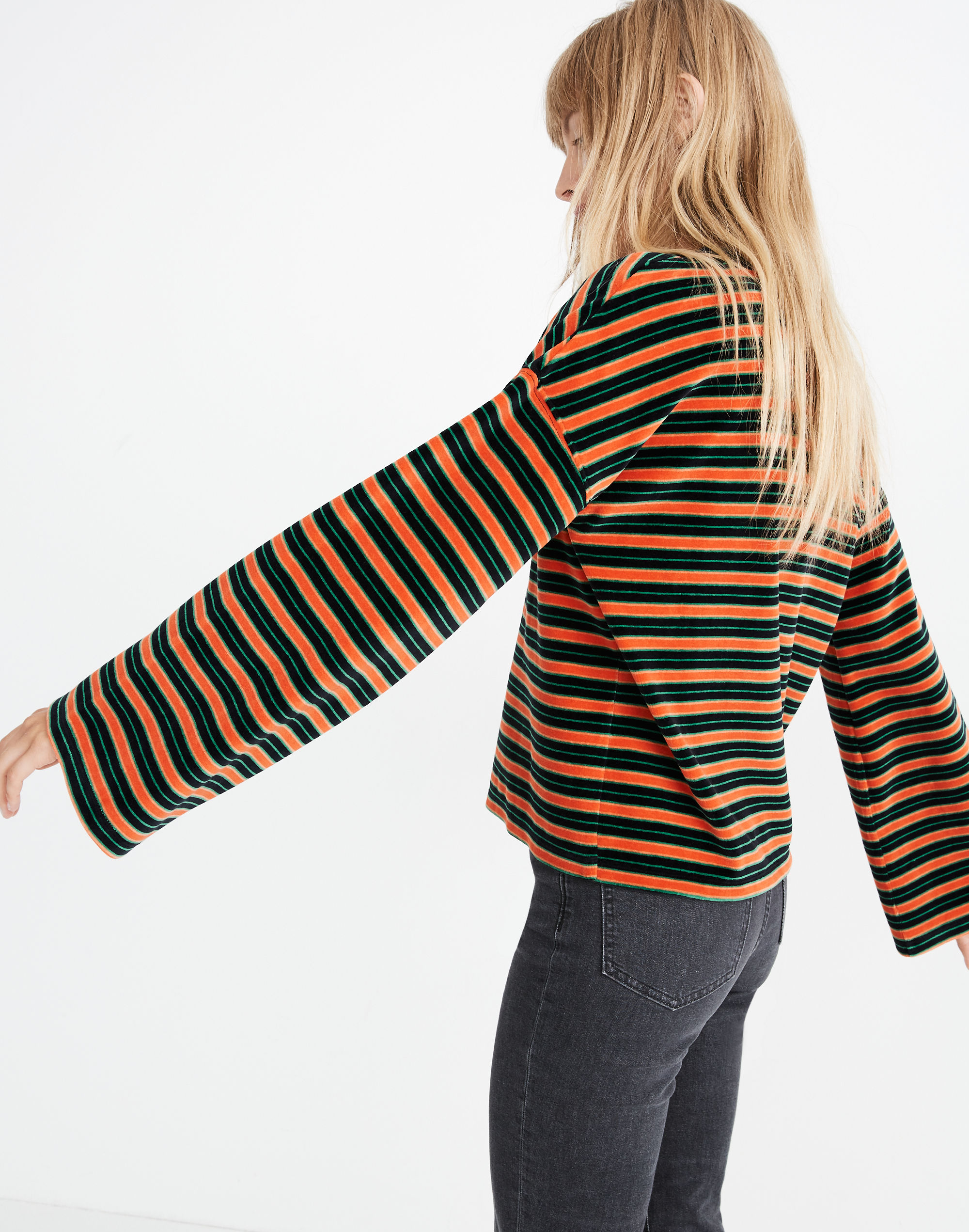 Striped Velour Wide-Sleeve Top
