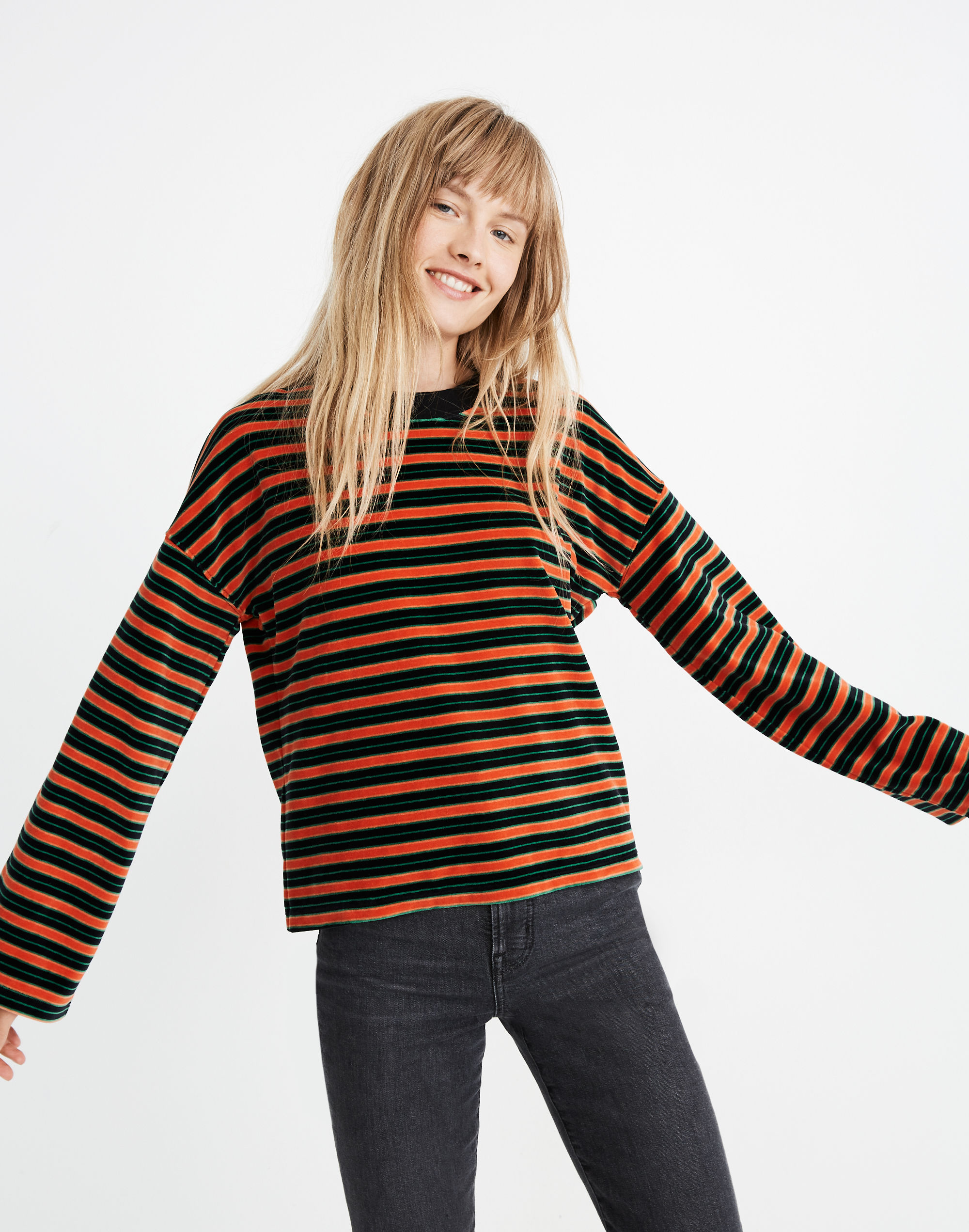 Striped Velour Wide-Sleeve Top