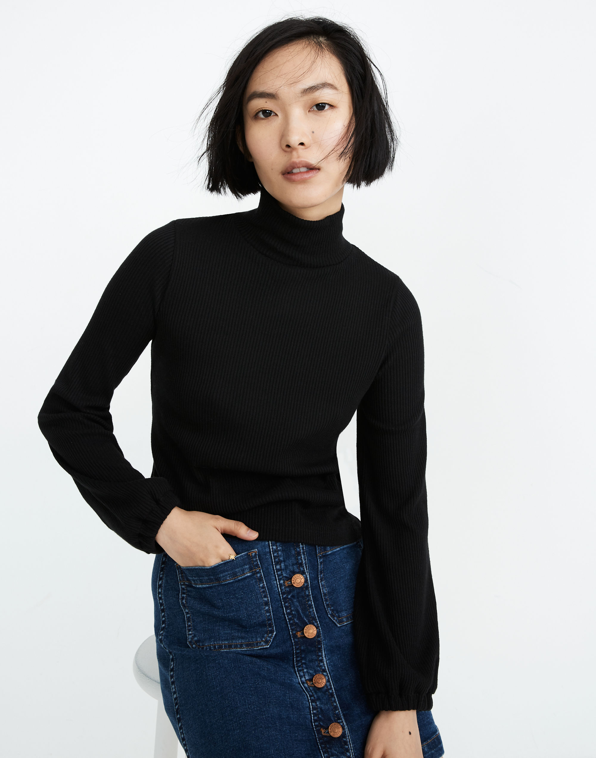 Bubble-Sleeve Swing Turtleneck