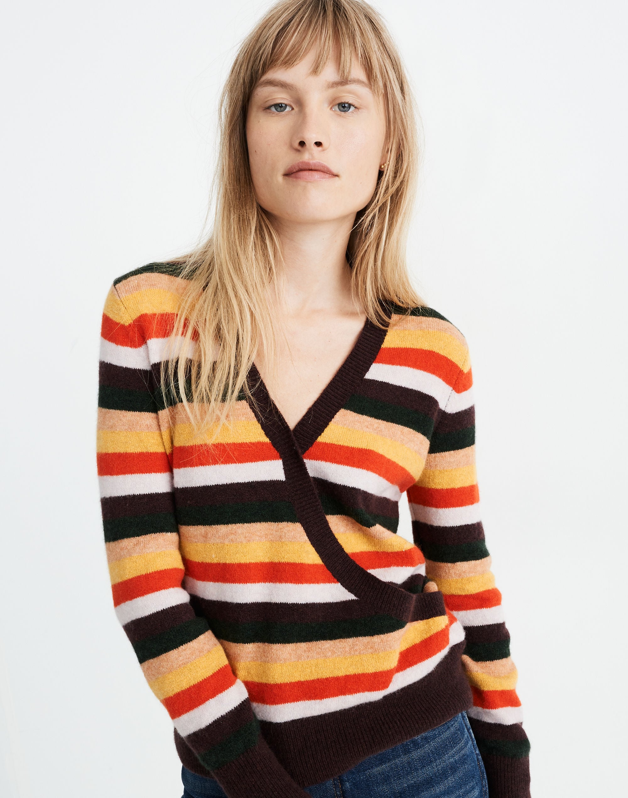 Wrap-Front Pullover Sweater in Stripe