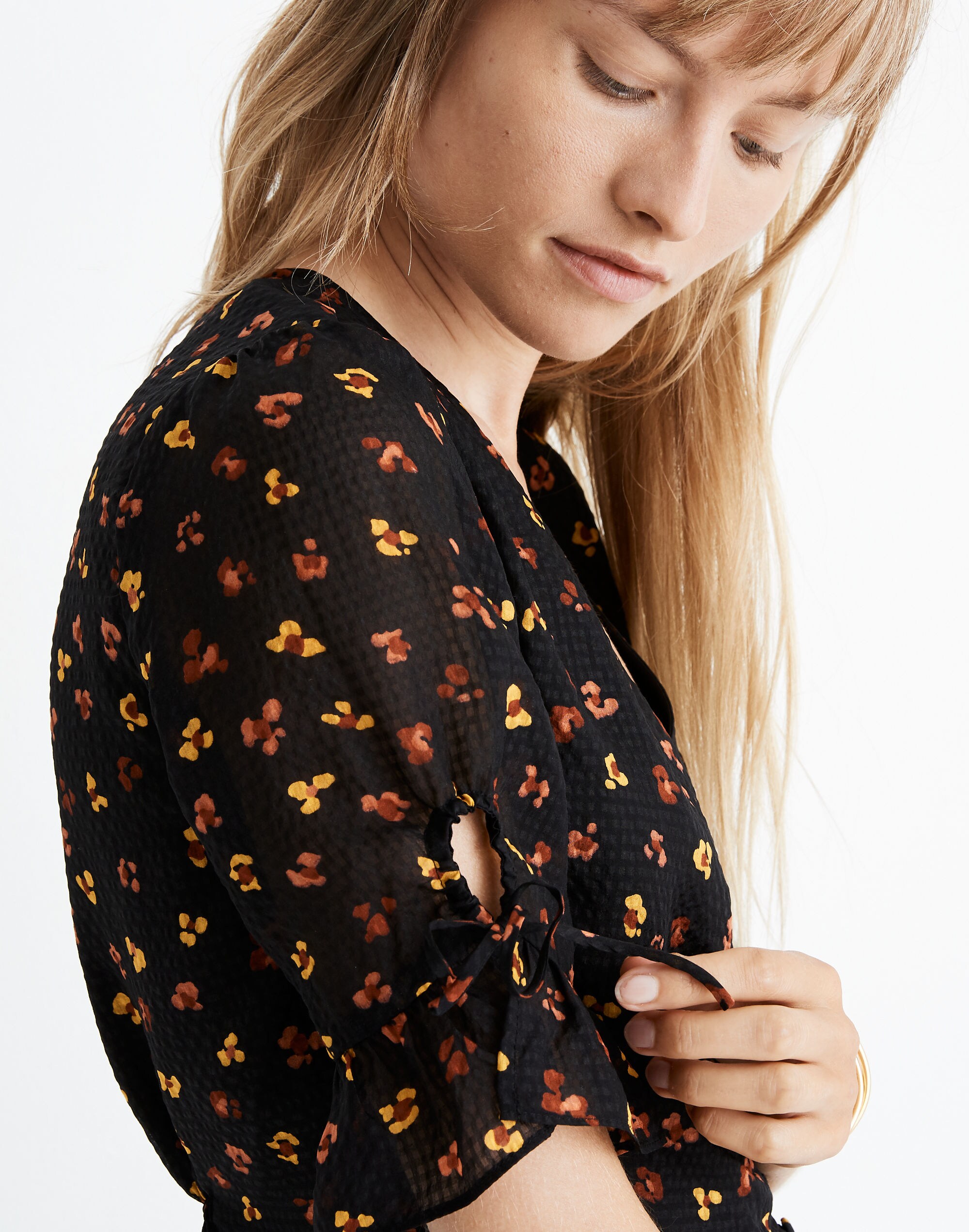 Silk Daylight Tie-Sleeve Top in Feline Floral