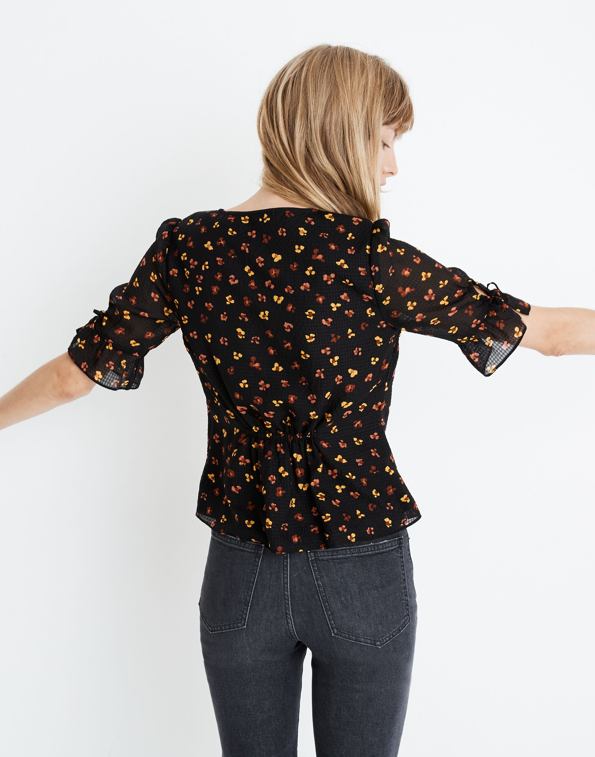 Silk Daylight Tie-Sleeve Top in Feline Floral