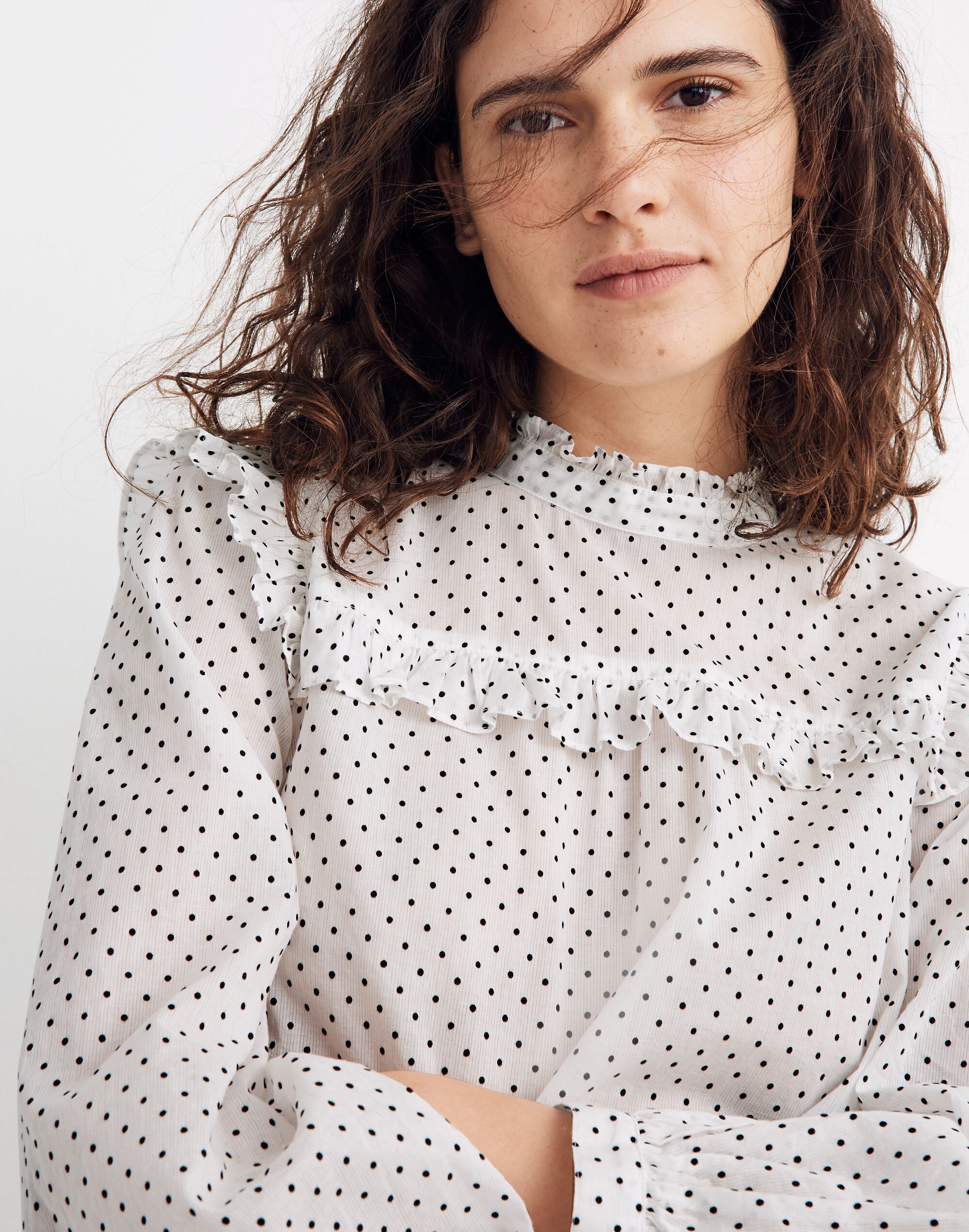 Mockneck Ruffle Top in Flocked Dot