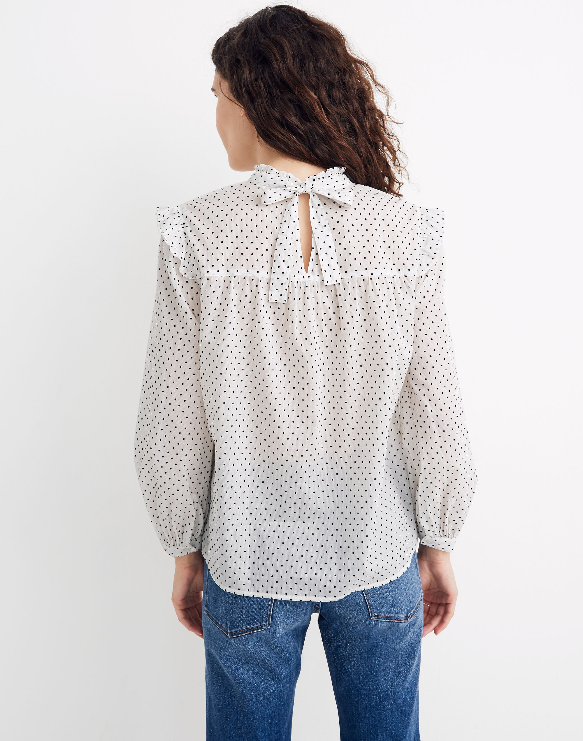 Mockneck Ruffle Top in Flocked Dot
