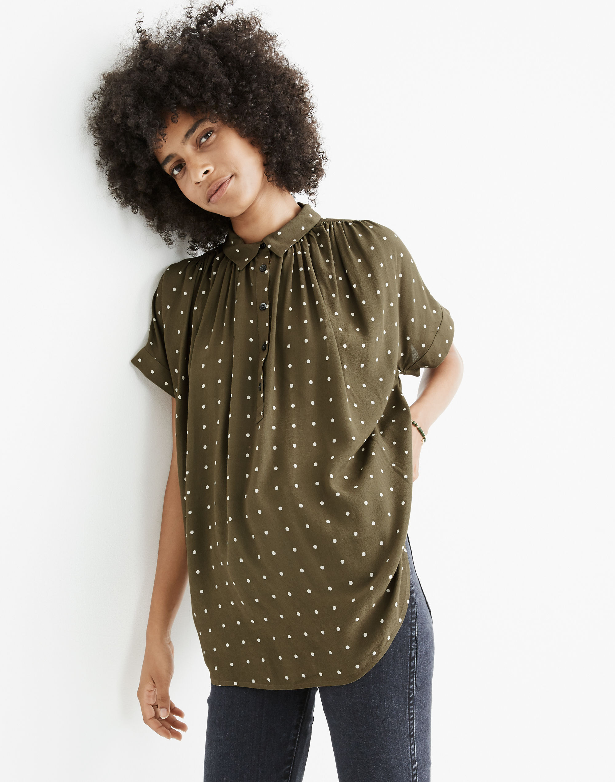 Central Drapey Popover Shirt in Grid Dot