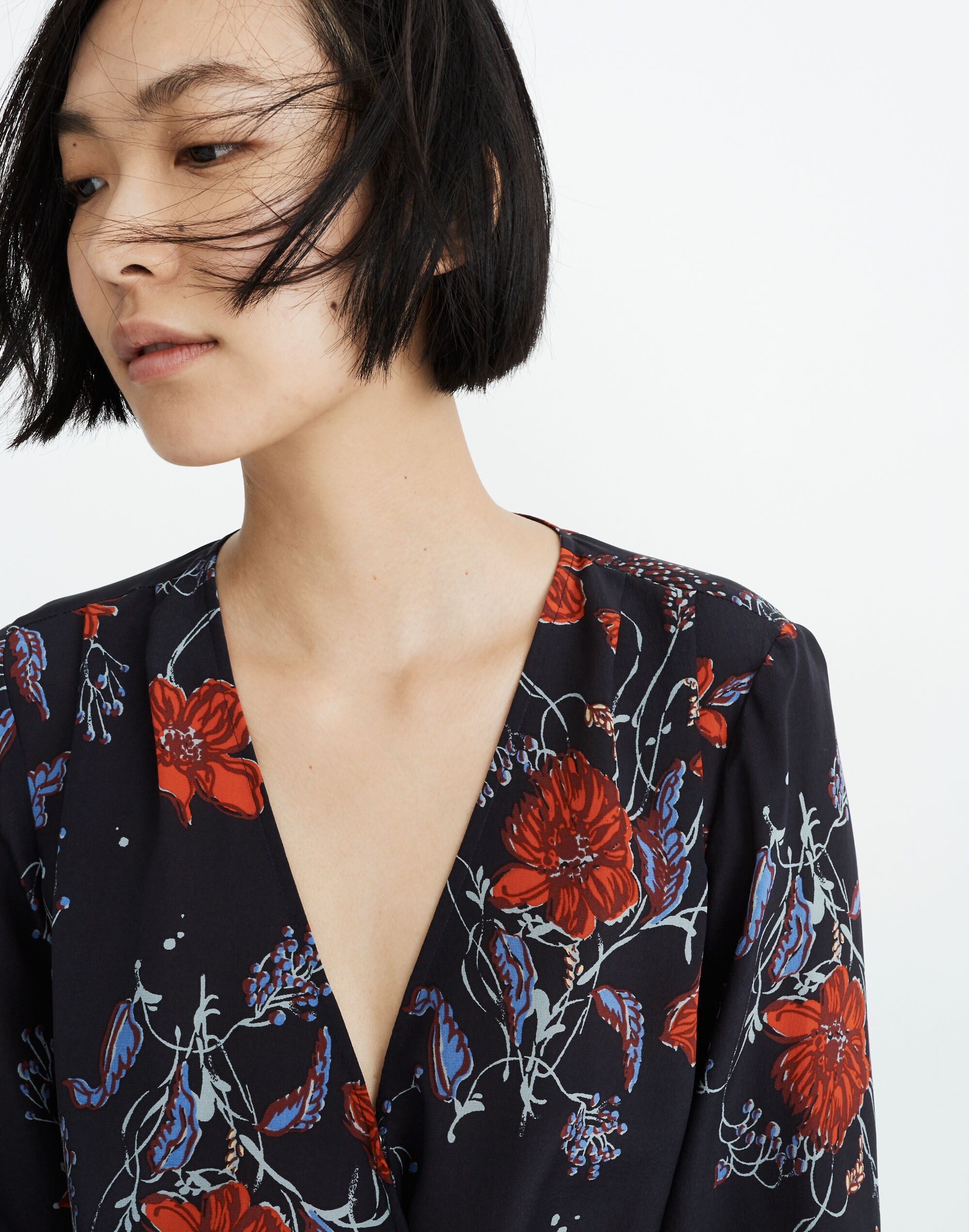 Silk Smocked-Sleeve Wrap Top