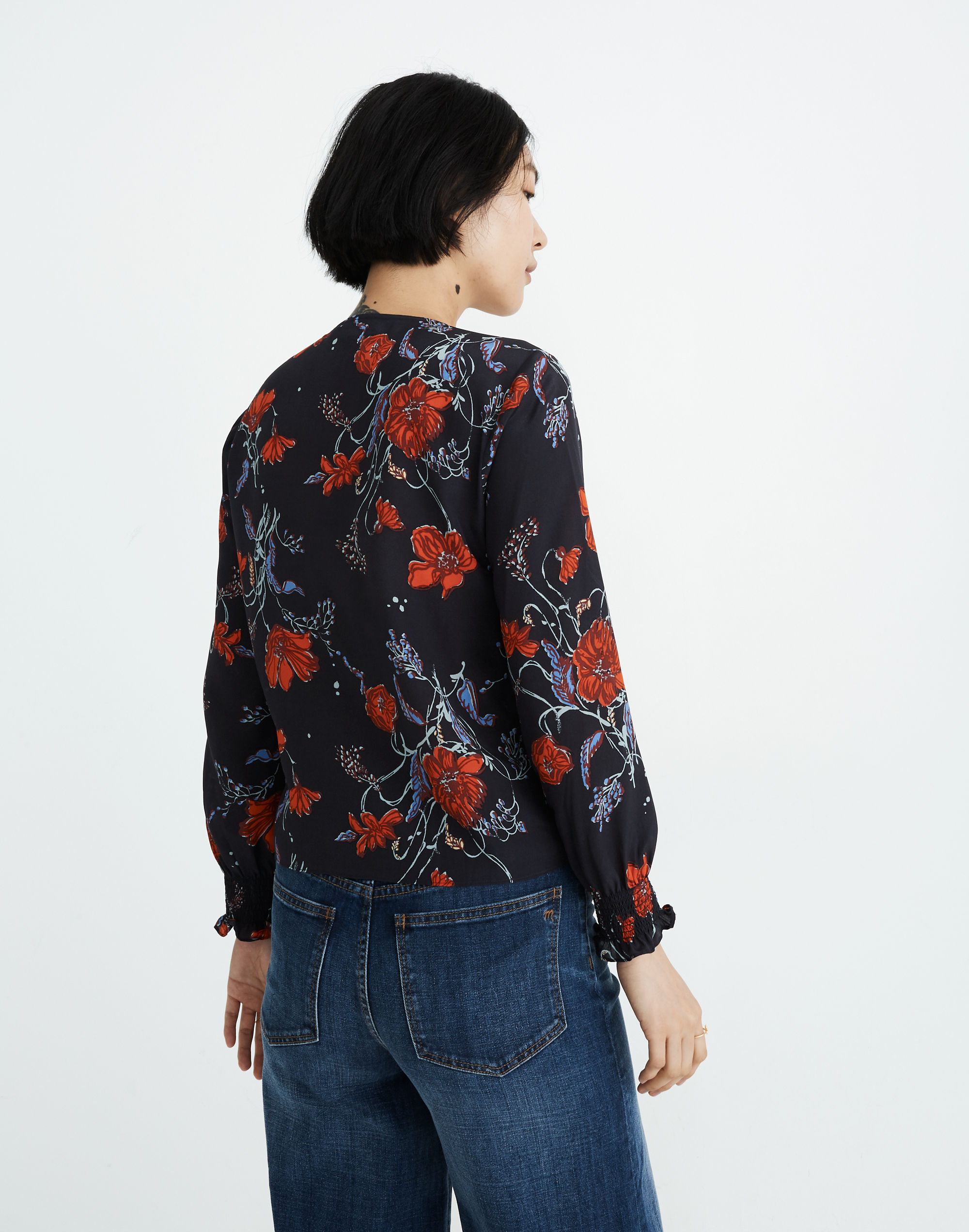 Silk Smocked-Sleeve Wrap Top